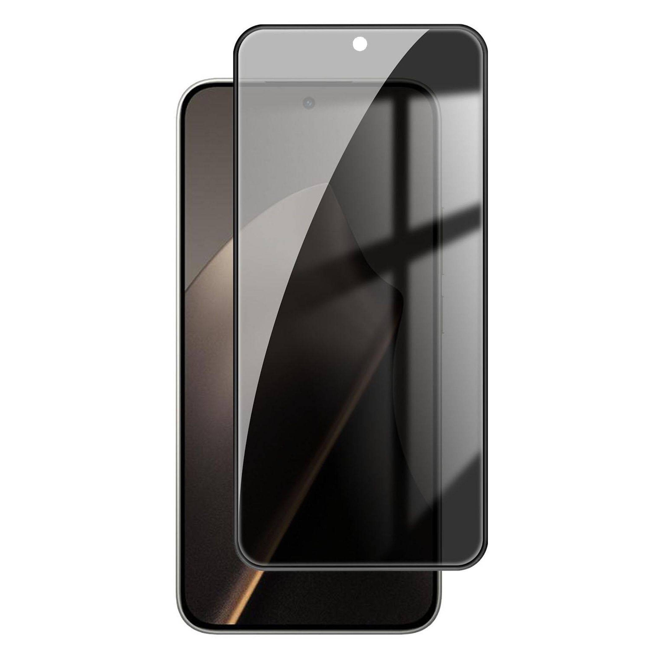 Zwei sich überlappende schwarze Smartphones, von vorne gezeigt, wobei ein Gerät vor dem anderen zentriert ist.
