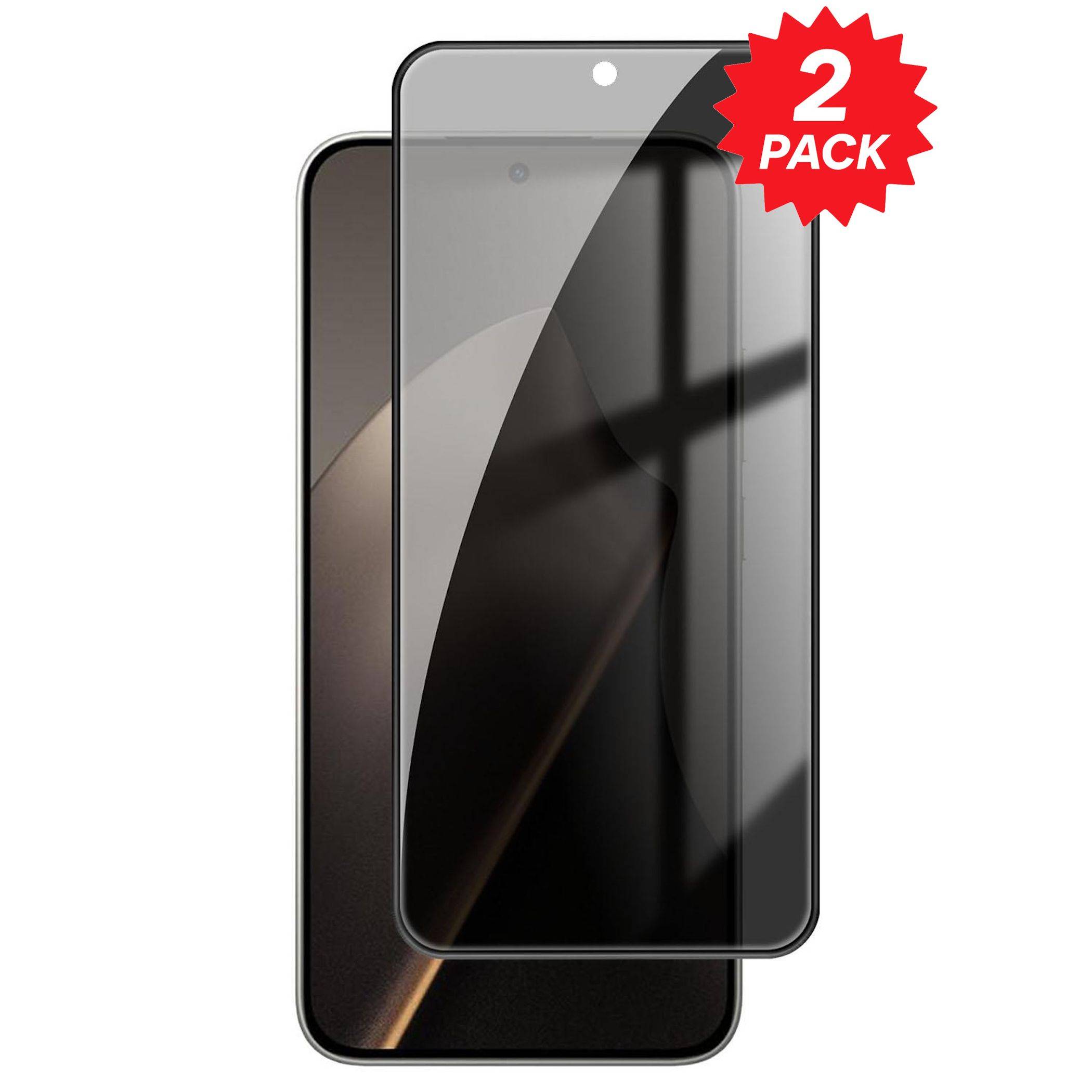 Zwei-Pack schwarze Displayschutzfolien für Smartphones, von vorne und hinten gezeigt, mit einem roten „2er-PACK