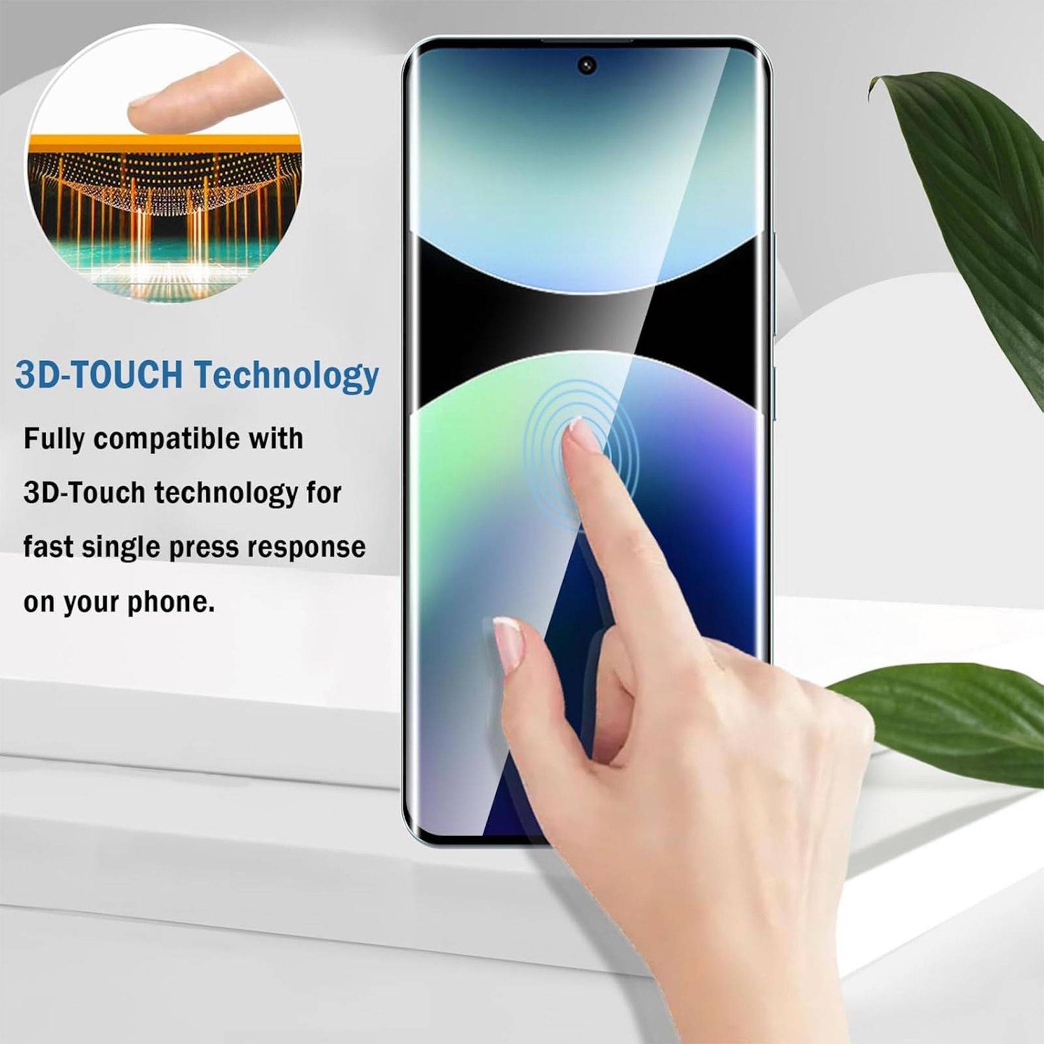 Werbebild eines Smartphones, auf das getippt wird, um die 3D-Touch-Technologie zu demonstrieren, mit Text, der schnelle Reaktion bei einfachem Druck und vollständige Kompatibilität verspricht.