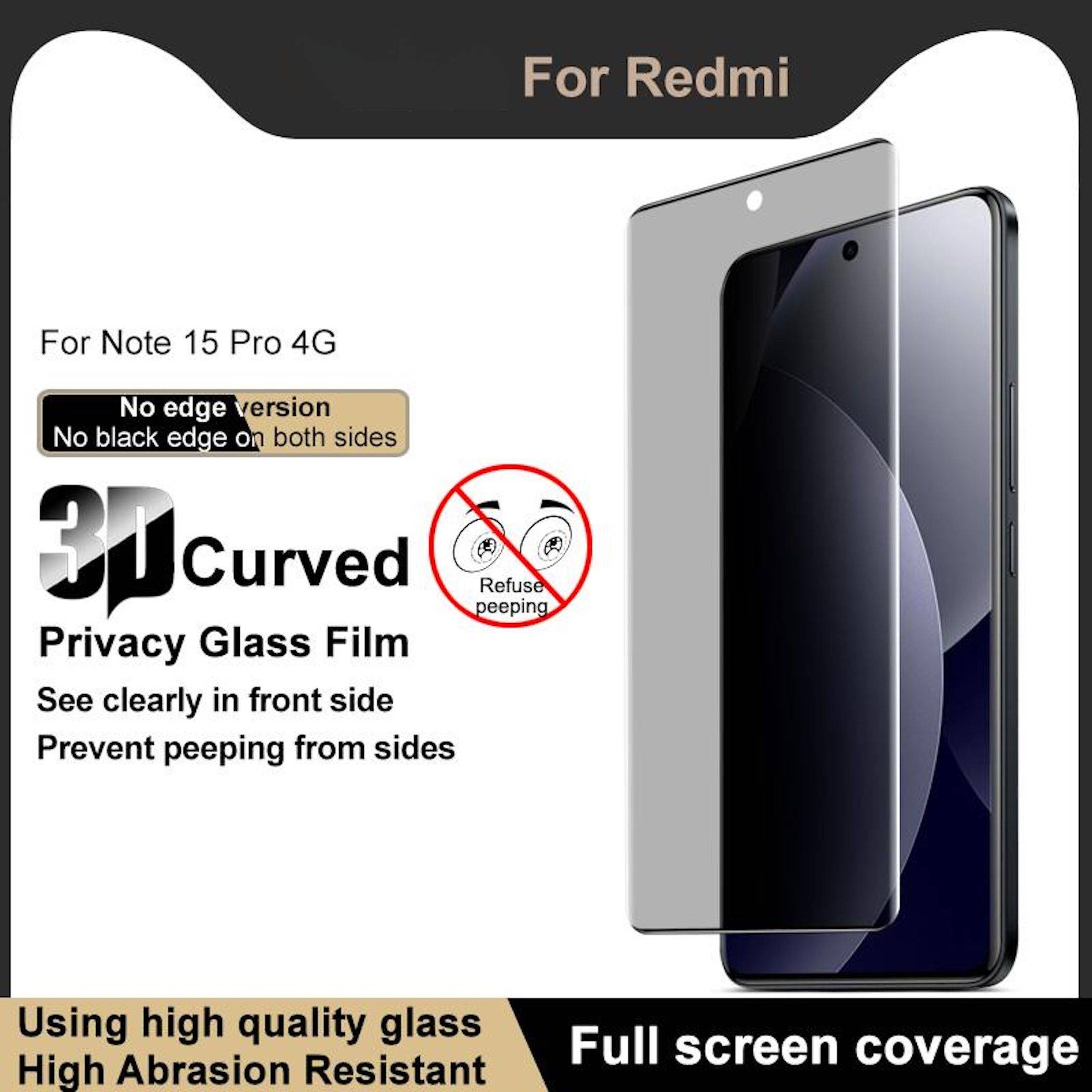 Redmi Note 15 Pro 4G Displayschutzfolie: 3D-gebogenes Datenschutzglas, keine schwarzen Ränder, vollständige Displayabdeckung, verhindert seitliches Einsehen.