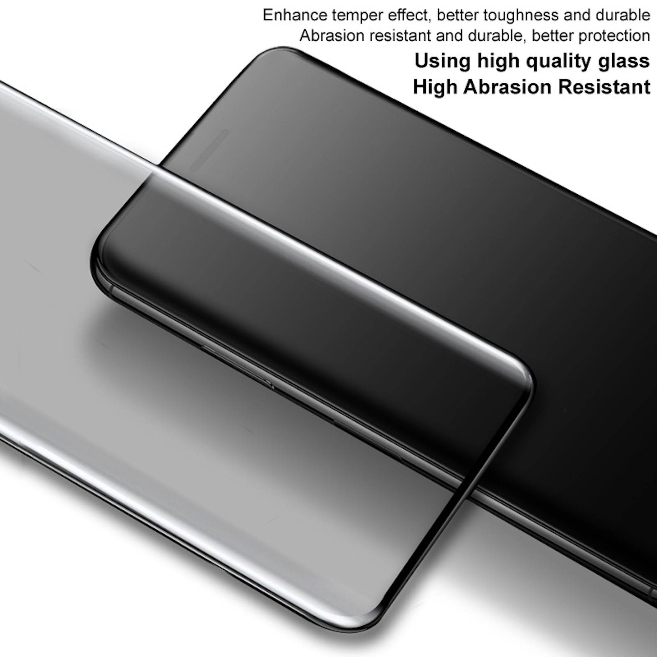 Zwei übereinander liegende Smartphone-Schutzhüllen in Schwarz und Silber, dargestellt als langlebiges, verschleißfestes Glas mit dem Text „Verwendung von hochwertigem Glas