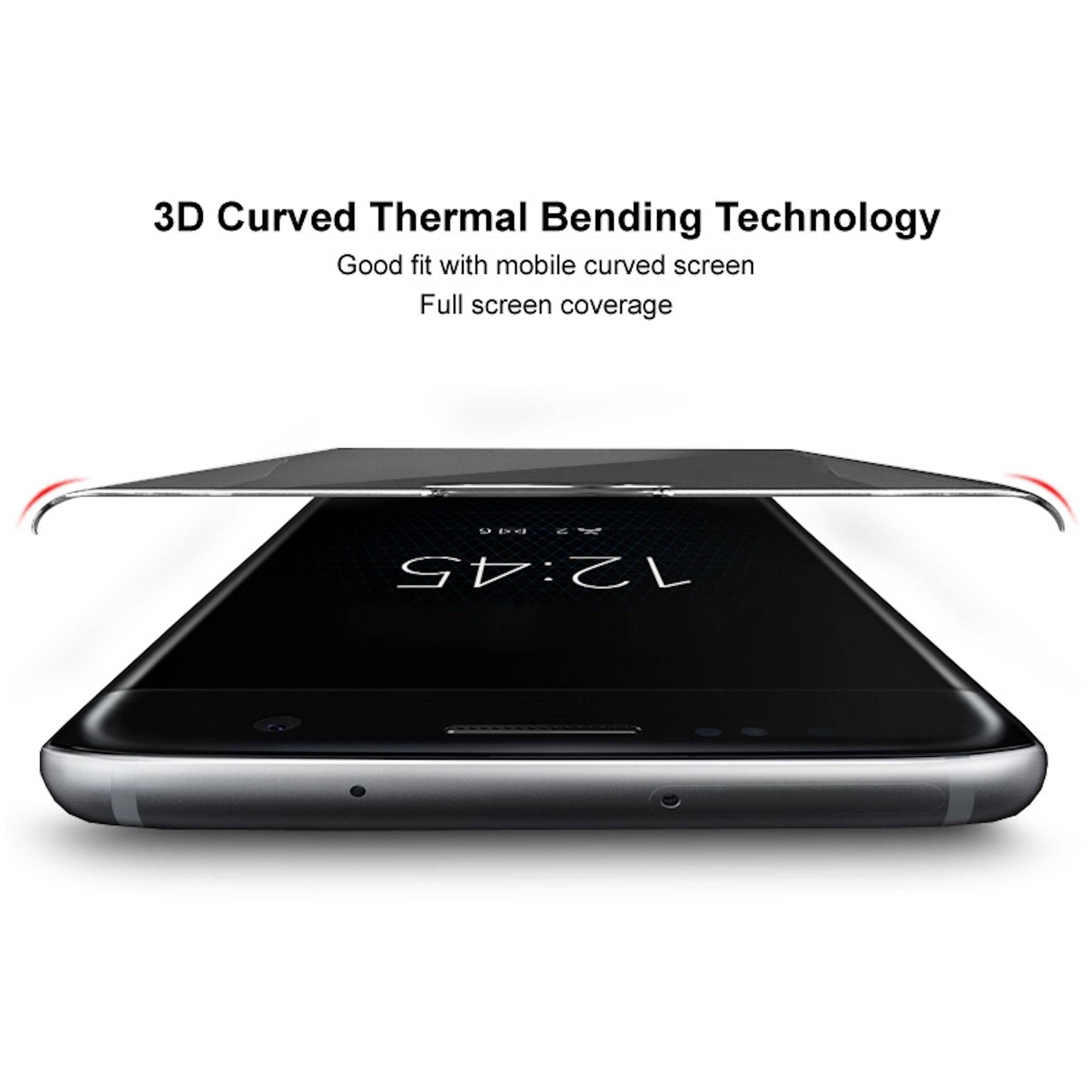 Werbegrafik eines Smartphones mit gekrümmtem Vollbildschirm, gekennzeichnet mit „3D Curved Thermal Bending Technology