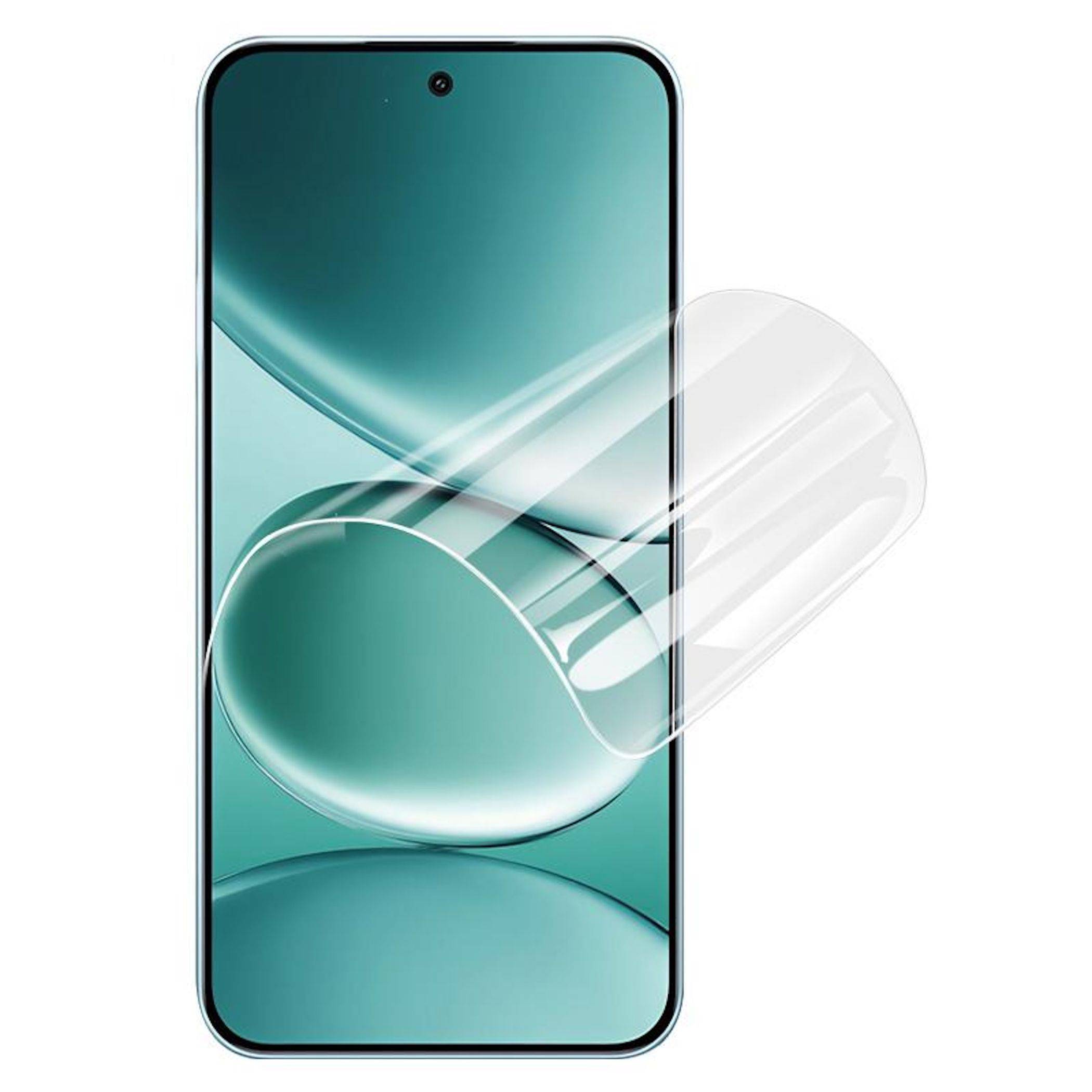 Vorderansicht eines Smartphones mit einer teal-farbenen abstrakten Tapete und einer transparenten Schutzhülle, die teilweise nach rechts verschoben ist.