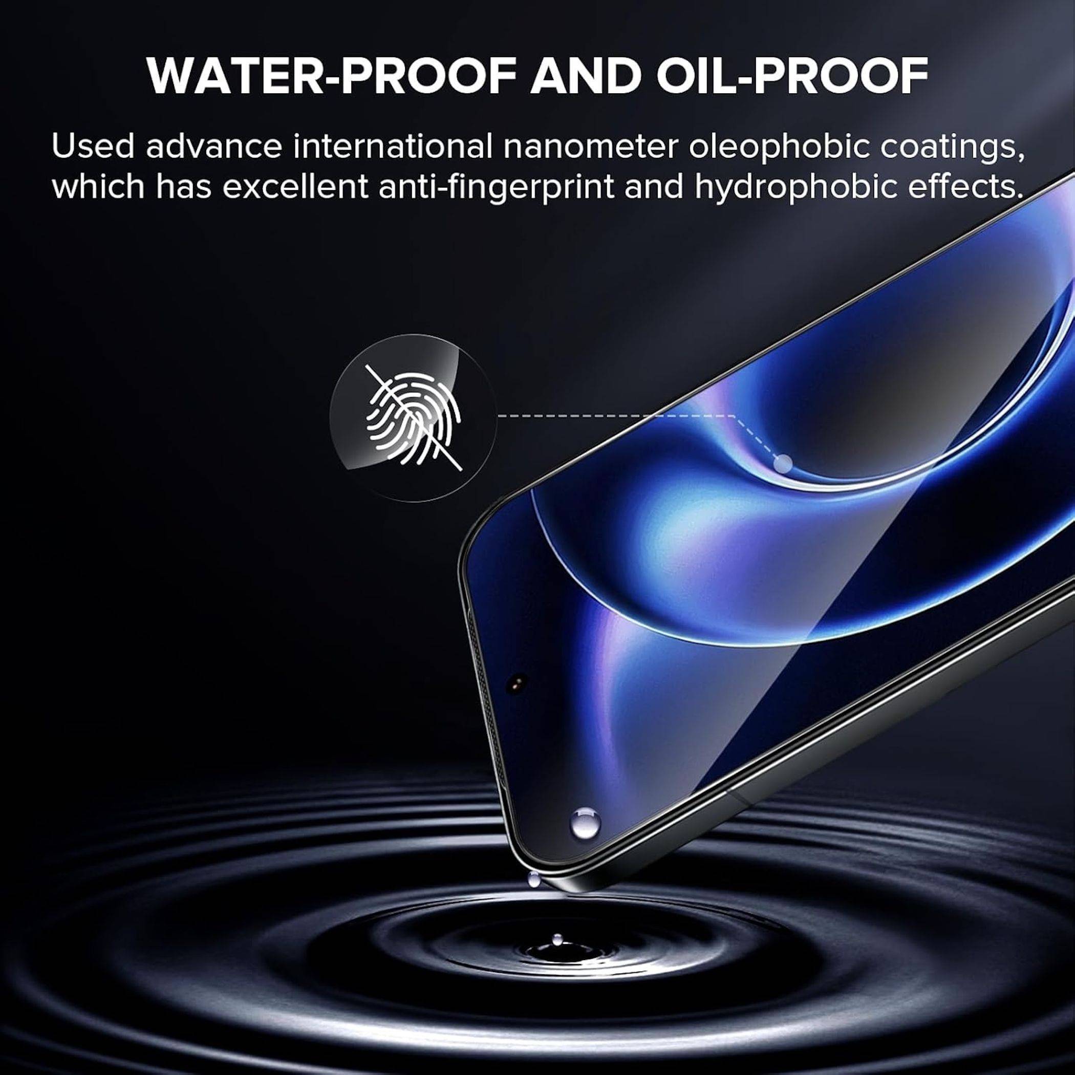 Smartphone mit wasser- und ölbeständiger Nanobeschichtung weist Tropfen ab und bietet Schutz gegen Fingerabdrücke und hydrophobe Eigenschaften.