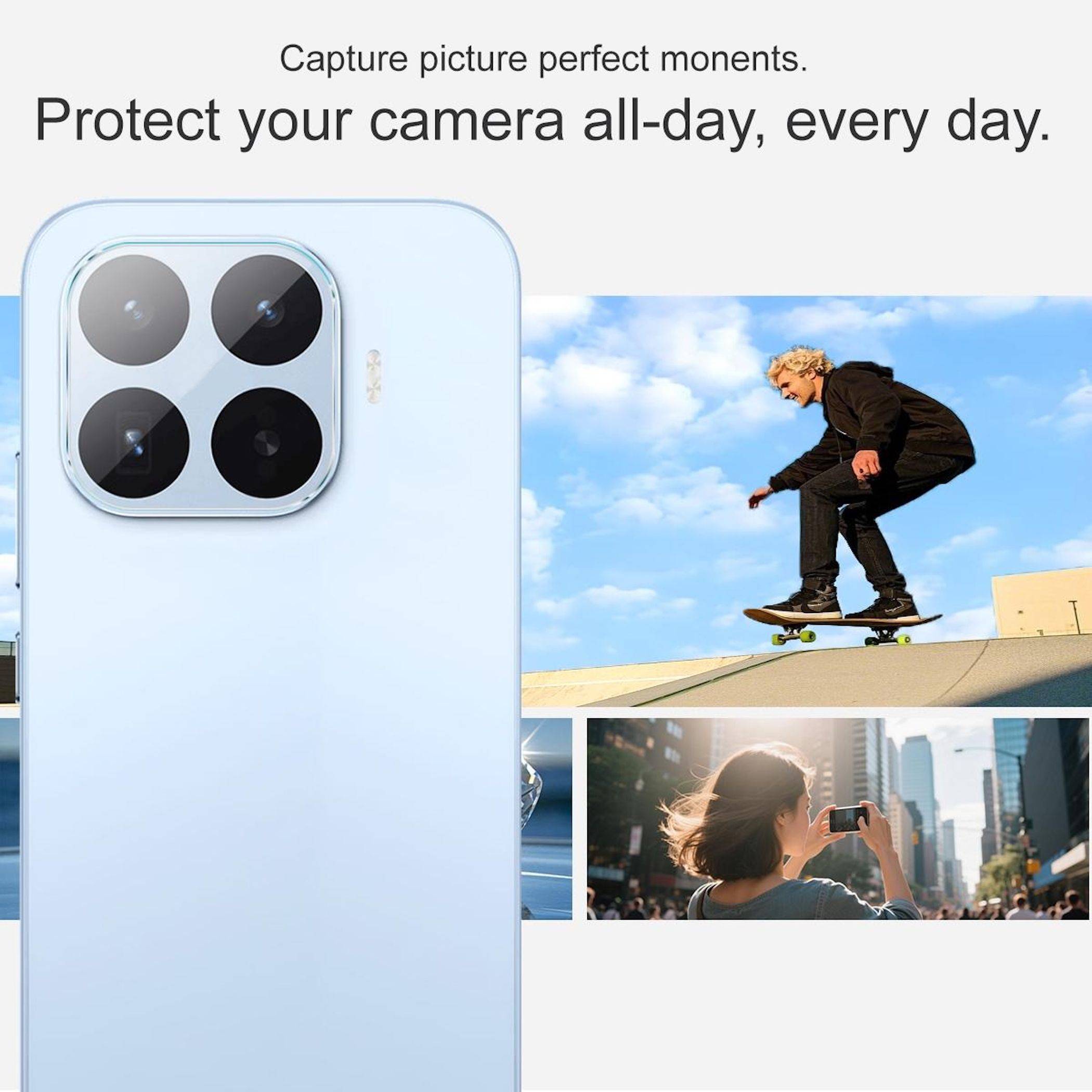 Werbebild eines hellblauen Smartphones mit einem großen Kameramodul, zusammen mit Aktionsfotos und dem Text „Erfassen Sie makellos perfekte Momente. Schützen Sie Ihre Kamera den ganzen Tag, jeden Tag.