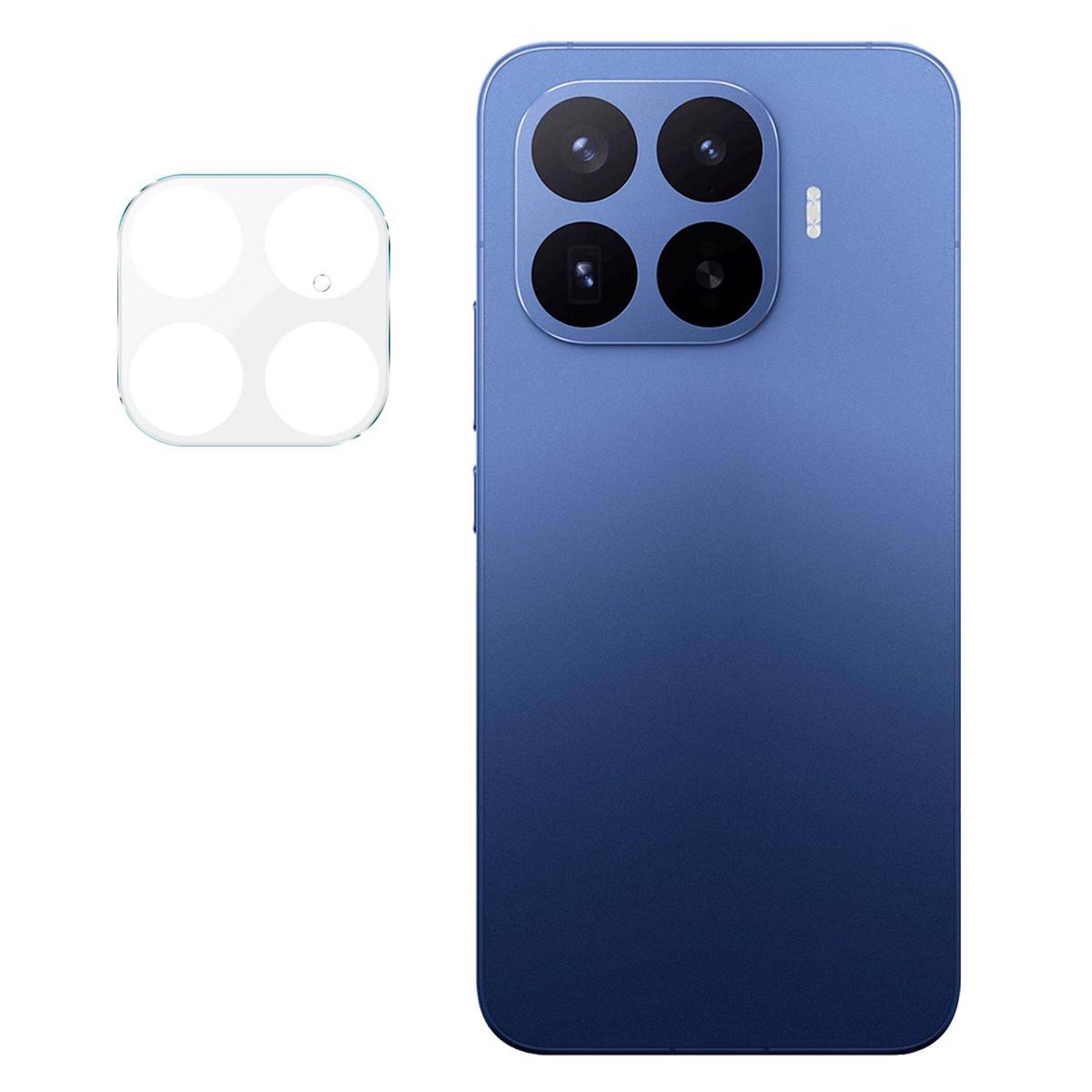 Blaues Smartphone von hinten mit einem quadratischen Vier-Kamera-Modul, daneben ein weißes abgerundetes quadratisches Zubehör mit vier kreisförmigen Pads.