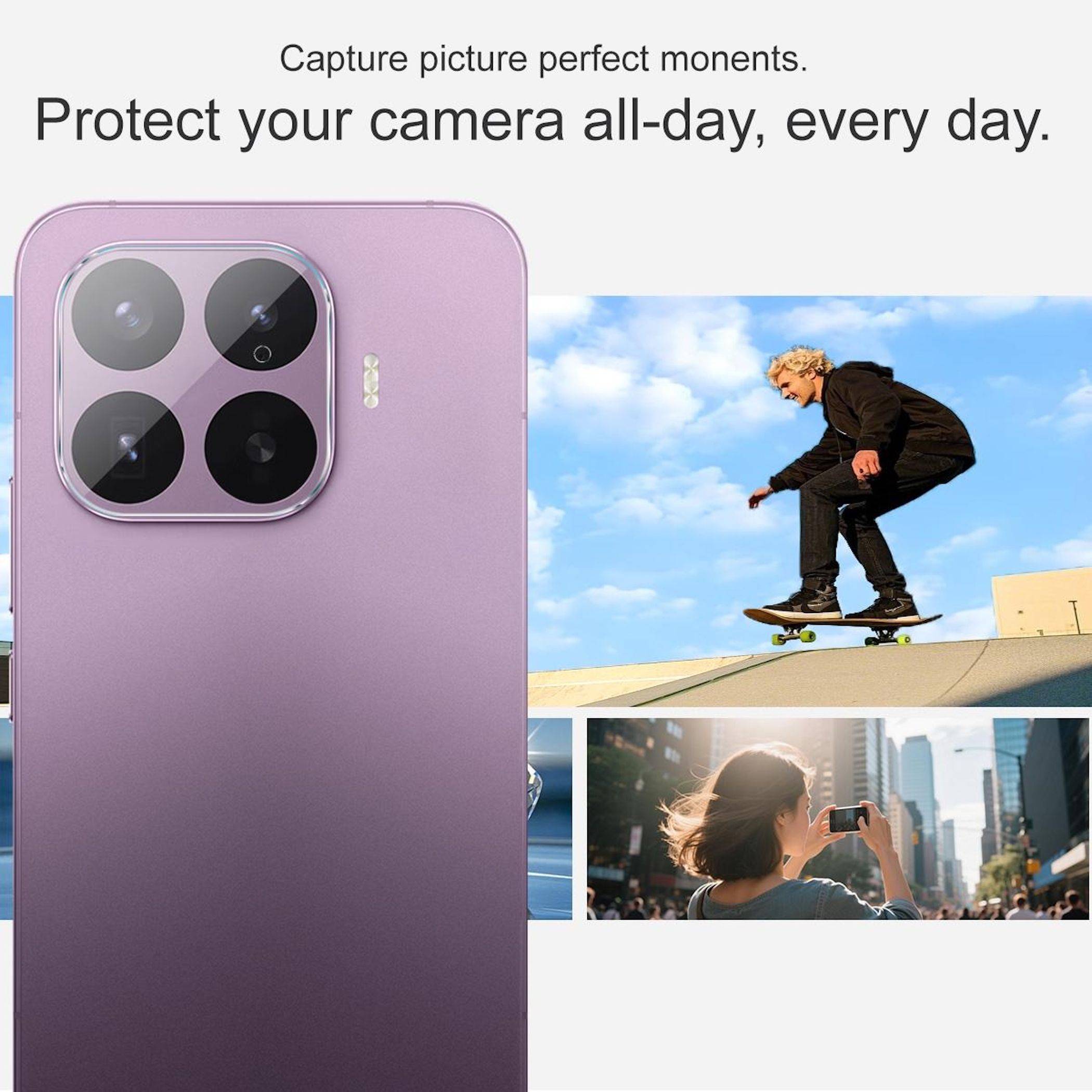 Lila Smartphone mit einem quadratischen Vier-Kamera-Modul, gezeigt mit Actionfotos und dem Text „Schützen Sie Ihre Kamera den ganzen Tag, jeden Tag.