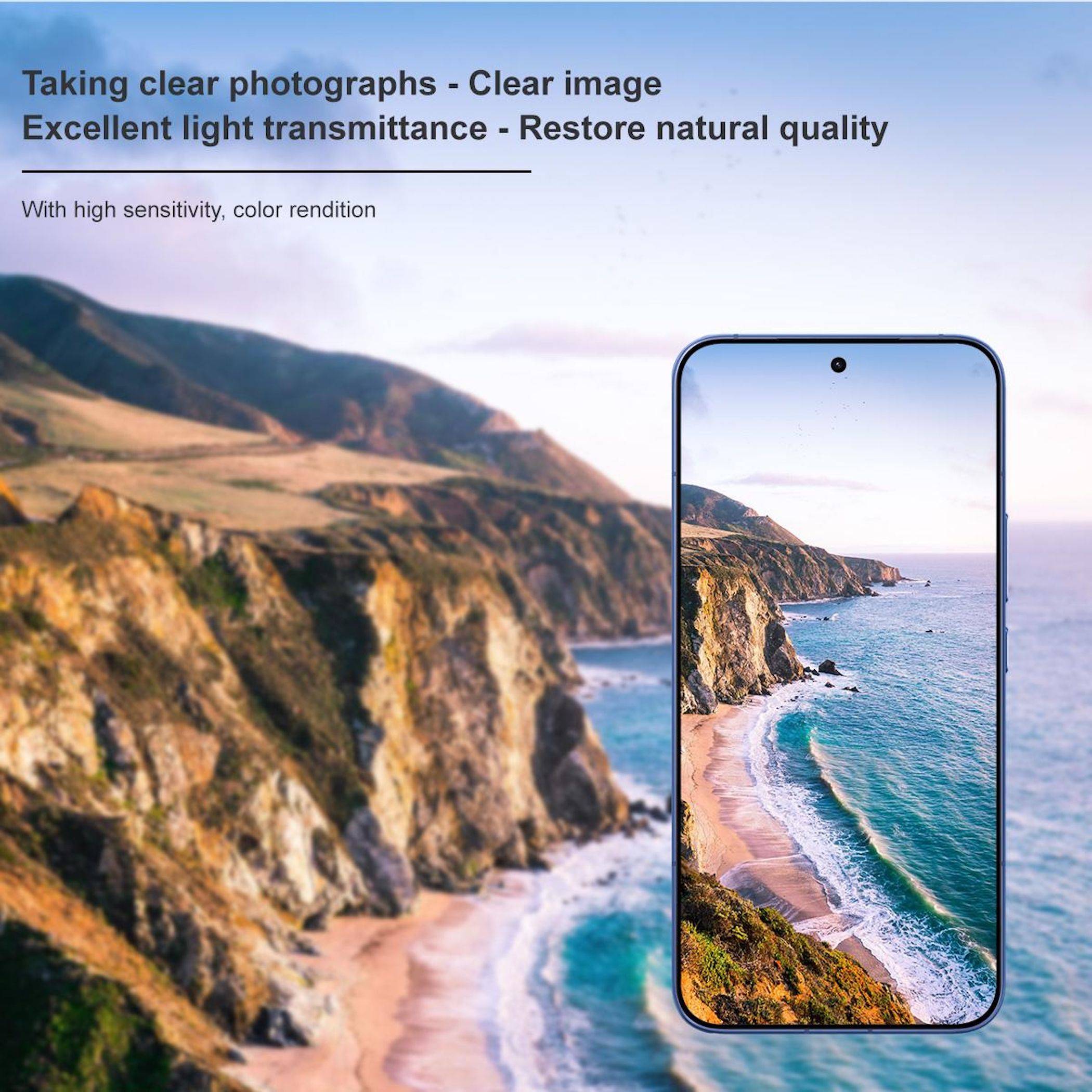 Werbebild einer Smartphone-Kamera, die eine scharfe Küstenlandschaft zeigt, mit Text, der lautet: „Klare Fotografie machen – Klares Bild