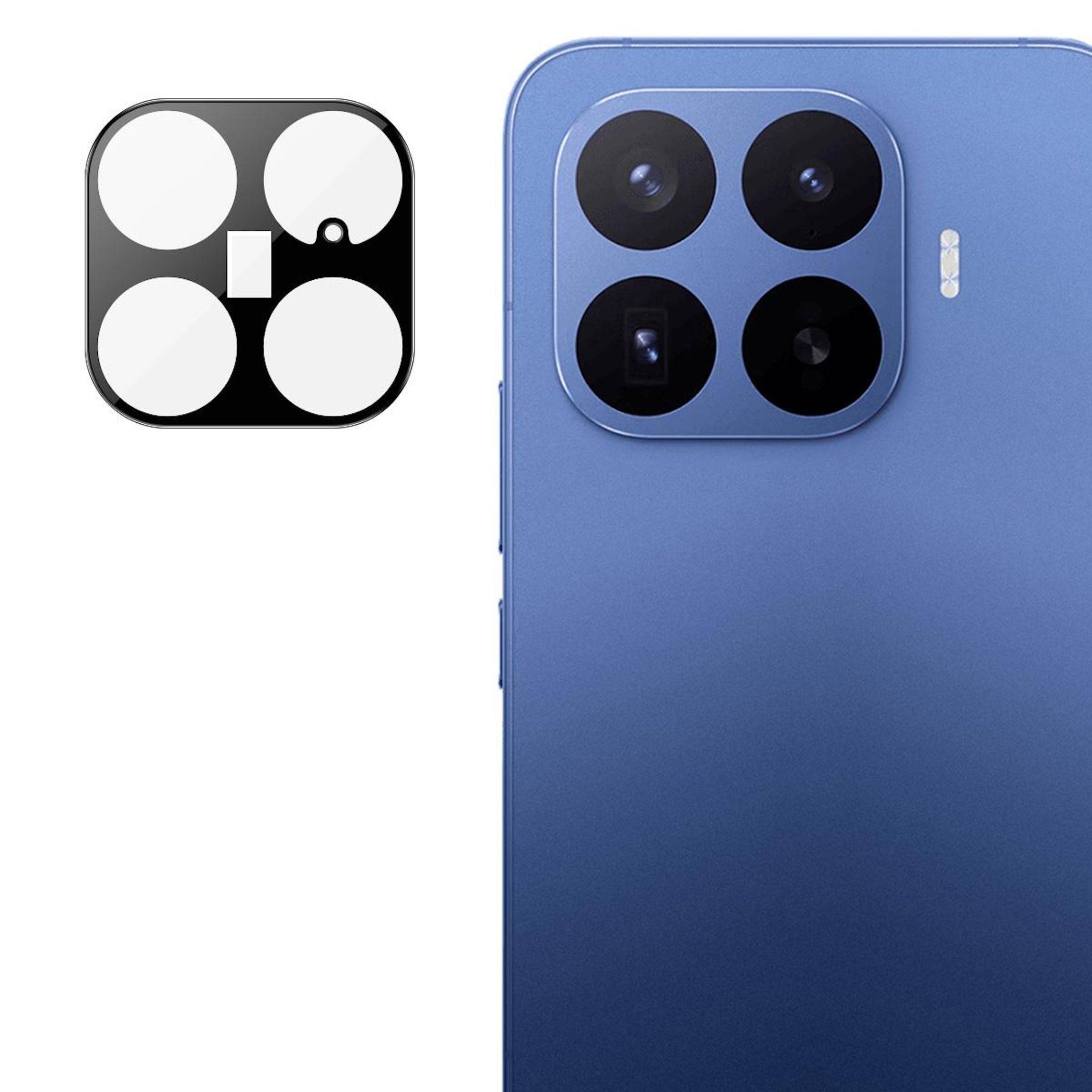 Blaue Smartphone-Rückseite mit quadratischem Vier-Kamera-Modul, gezeigt neben einem separaten Schwarz-Weiß-Symbol für das Kameralayout, das die Positionen der Objektive veranschaulicht.