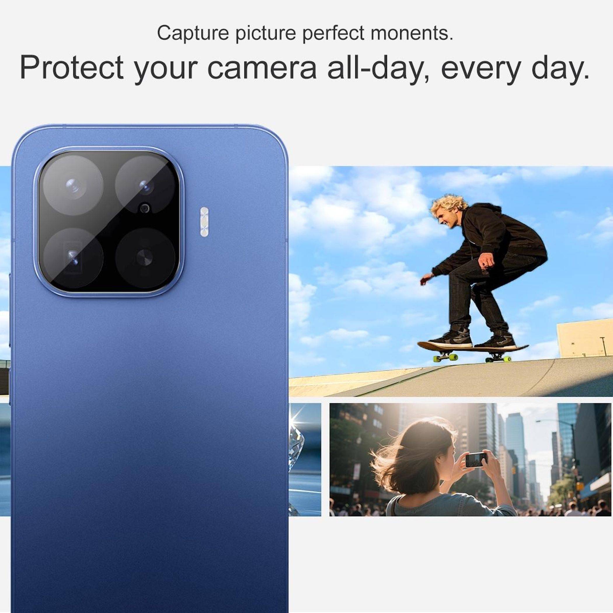 Blaues Smartphone mit großem quadratischem Kameramodul, gezeigt mit dem Slogan „Schütze deine Kamera den ganzen Tag, jeden Tag