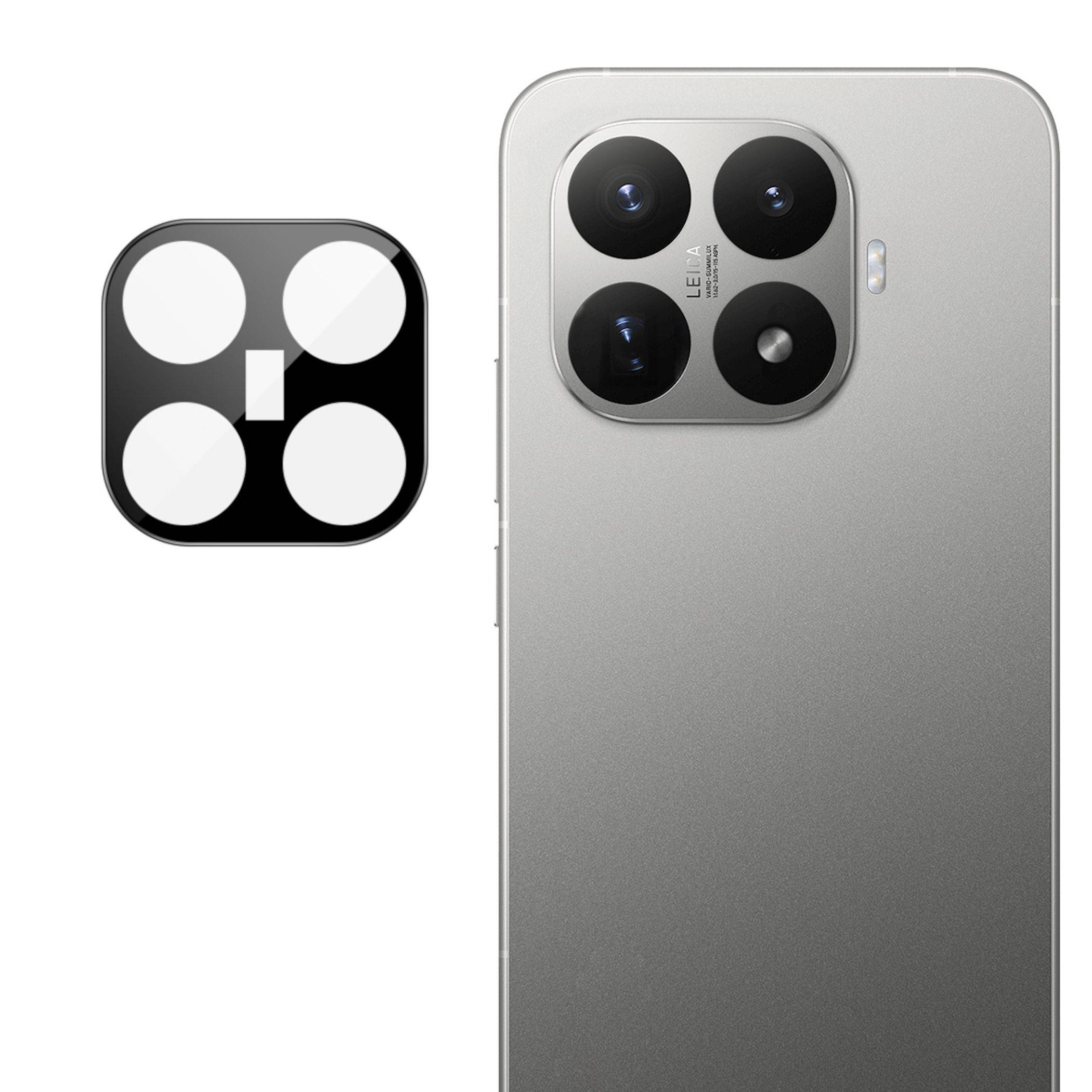 Silbernes Smartphone mit quadratischem Vier-Linsen-Kameramodul auf der Rückseite, daneben ein schwarzes App-ähnliches Symbol mit vier weißen Kreisen und einer zentralen Leiste.