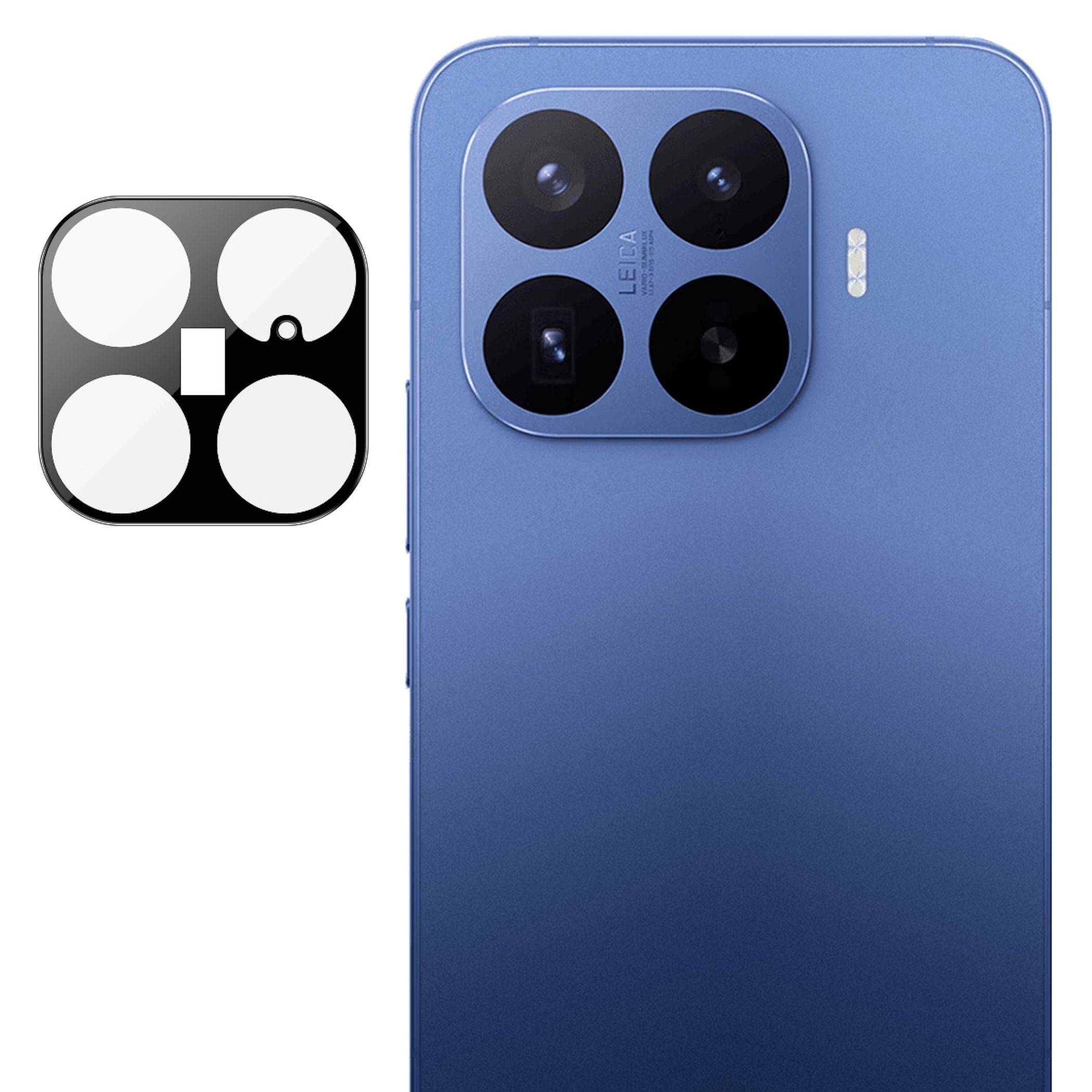 Blaue Smartphone-Rückseite mit quadratischem Vier-Kamera-Modul neben einem schwarz-weißen Kameraobjektiv-Schutzfolieneinsatz.