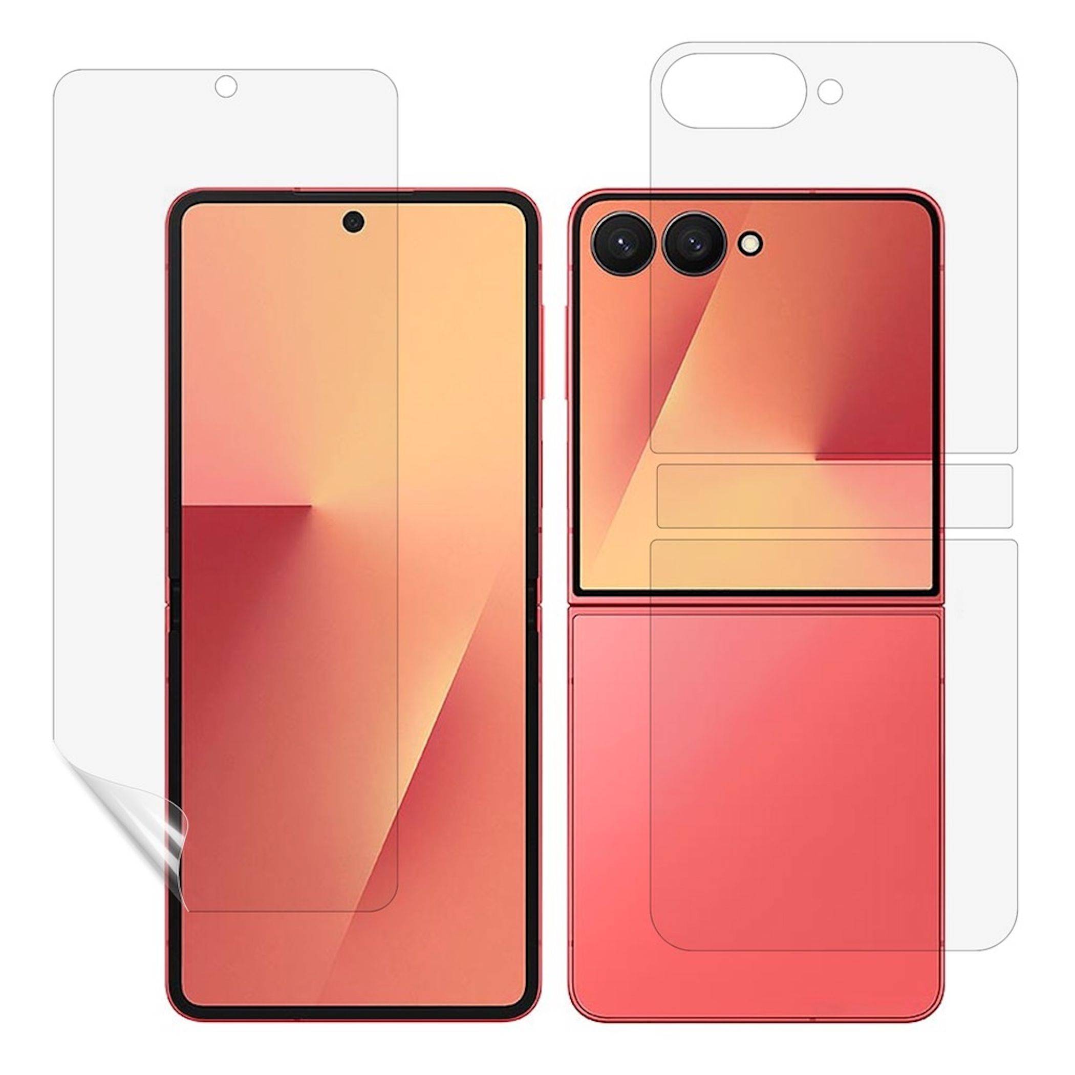 Zwei Ansichten eines faltbaren Smartphones mit einer transparenten Schutzfolie für den Bildschirm und Aussparungen für die Rückkamera, die das vordere und gefaltete hintere Design zeigen.