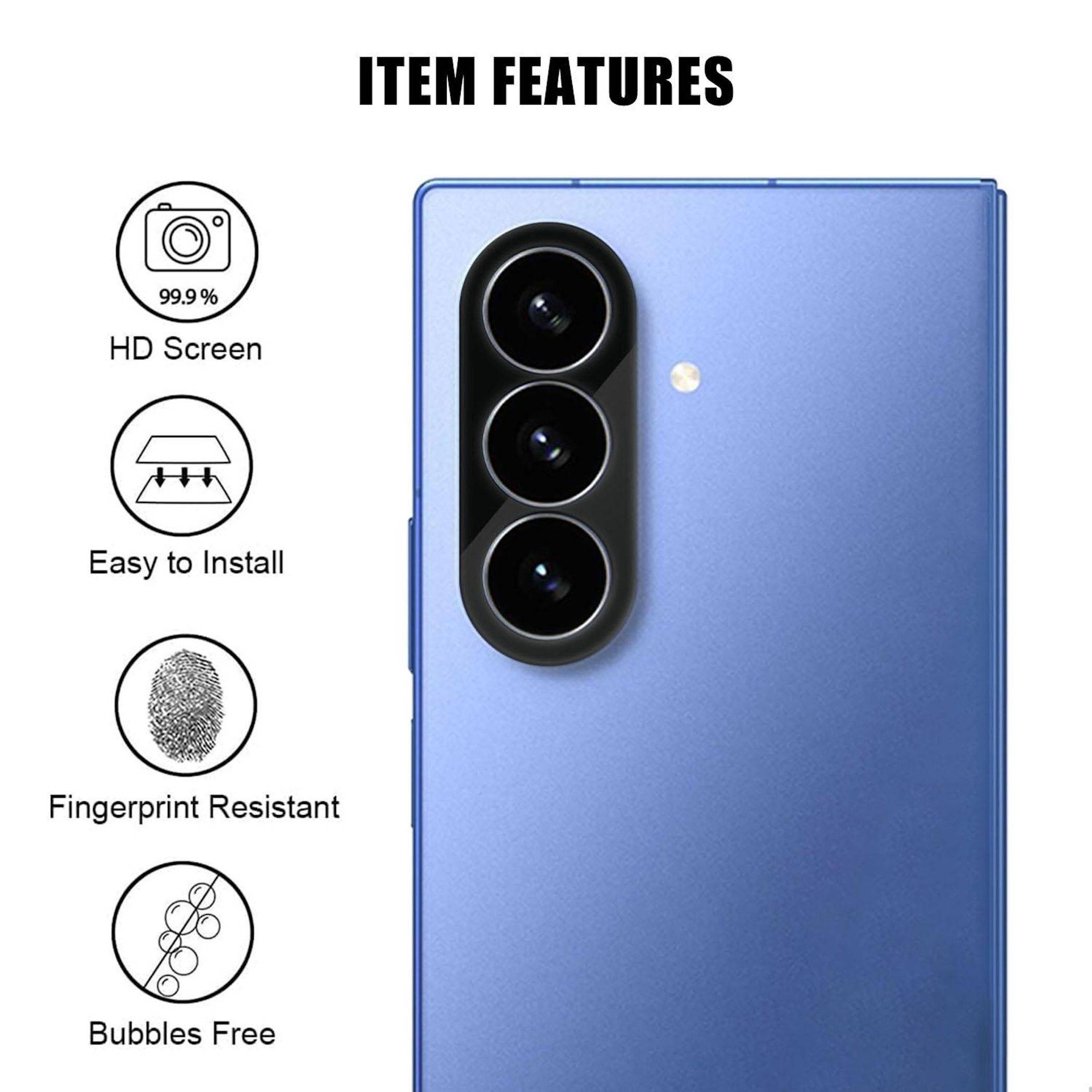 Artikel-Features: Grafik zeigt eine blaue Smartphone-Schutzhülle mit dreifacher Aussparung für rückwärtige Kamera; hebt hervor: HD-Bildschirm, einfache Installation, fingerabdruckresistent und blasenfrei.