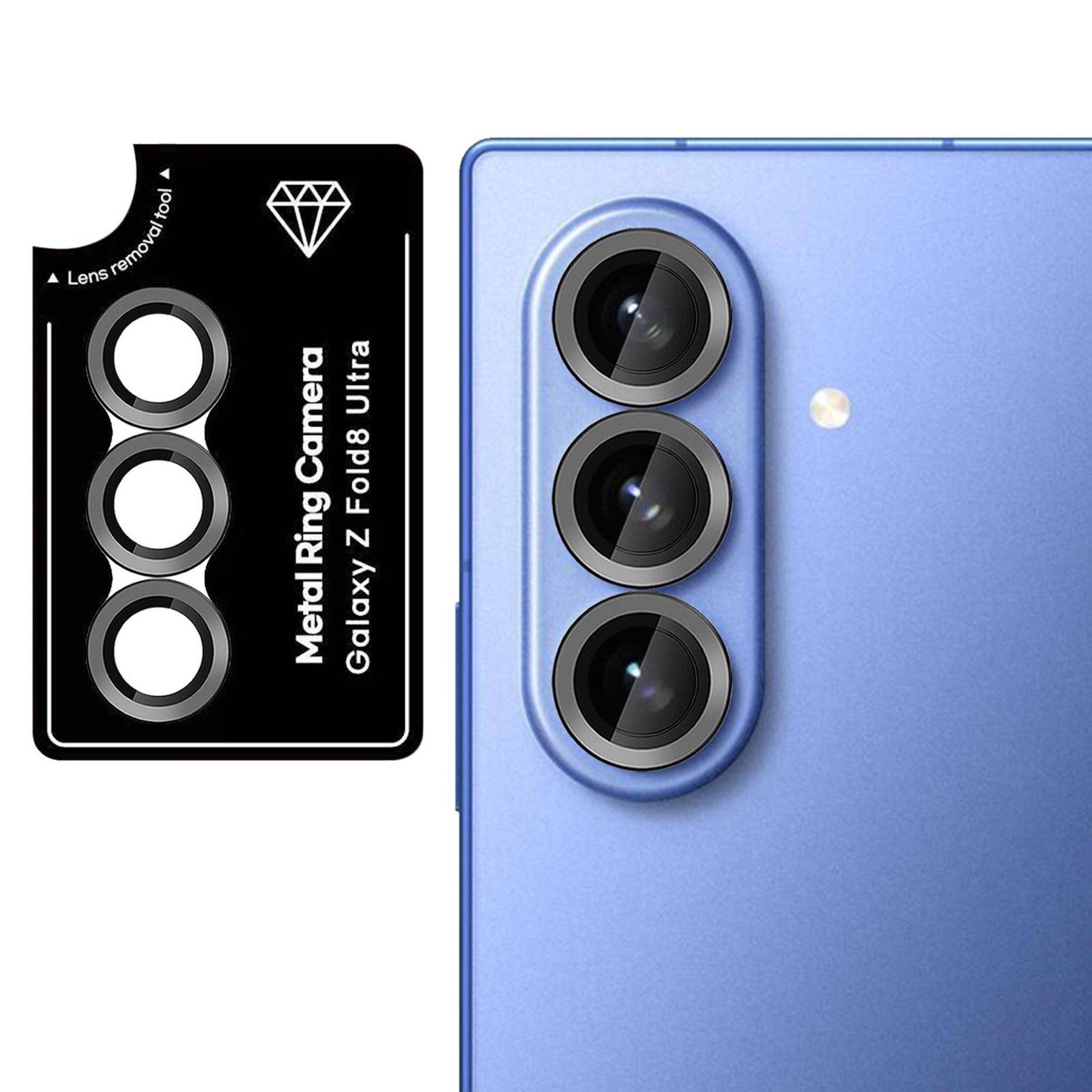 Nebenansicht eines schwarzen Metallkameralinsen-Schutzes mit der Bezeichnung „Galaxy Z Fold8 Ultra