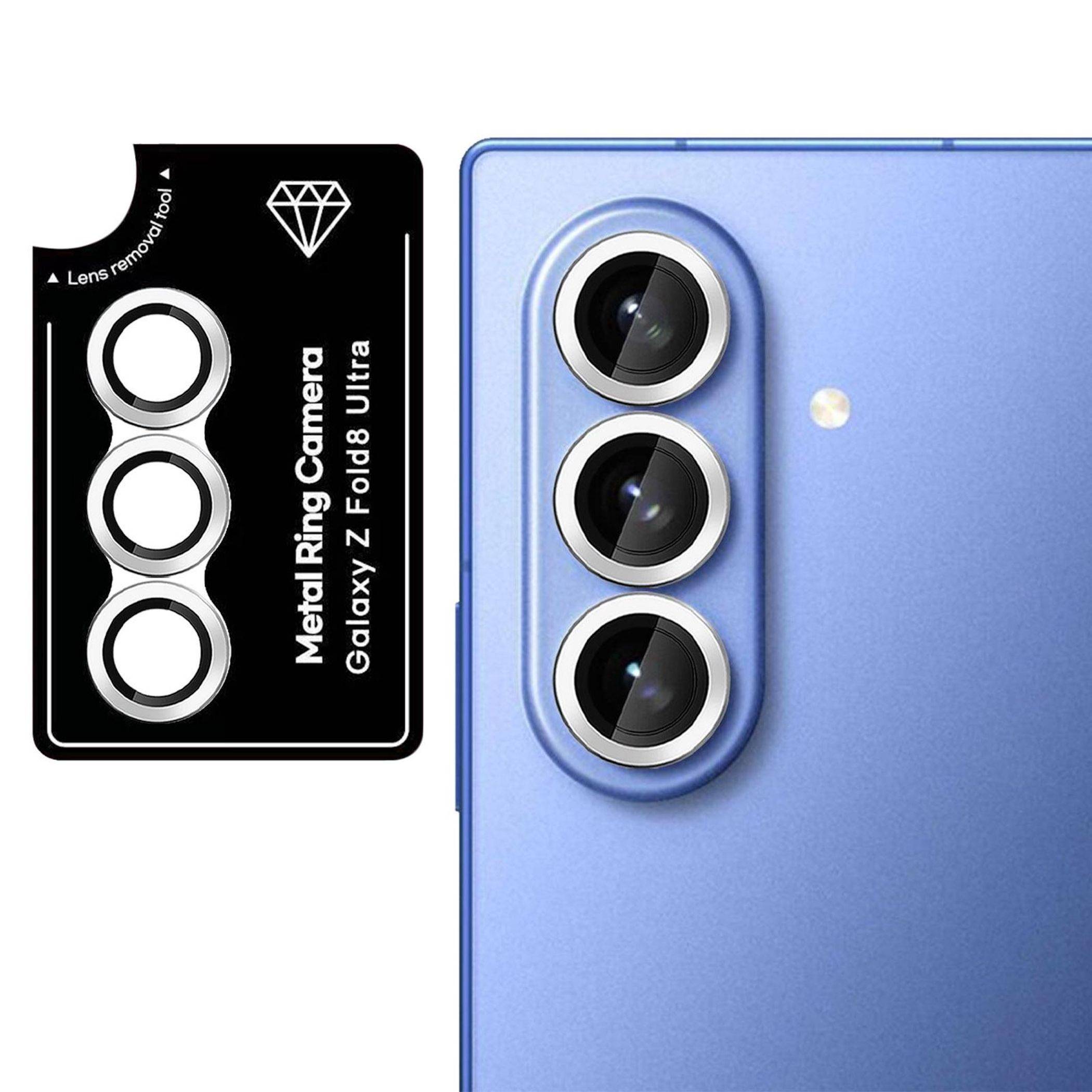 Metallring-Kameraschützer für Galaxy Z Fold8 Ultra neben einem Telefon mit drei rückseitigen Kameras dargestellt.