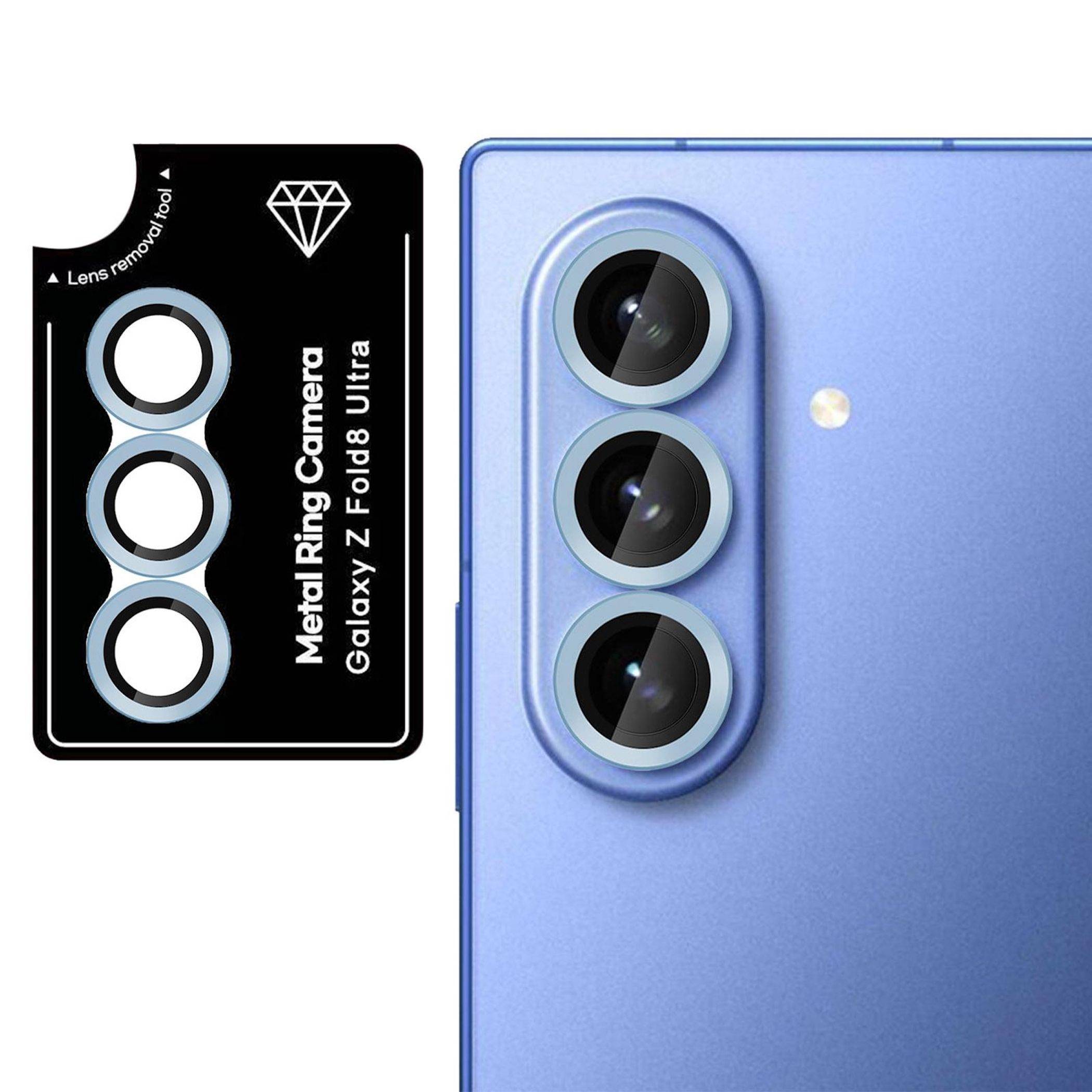Metallischer Ringschutz für die Kamera des Galaxy Z Fold8 Ultra, abgebildet neben einem Telefon mit Triple-Kamera-Modul.