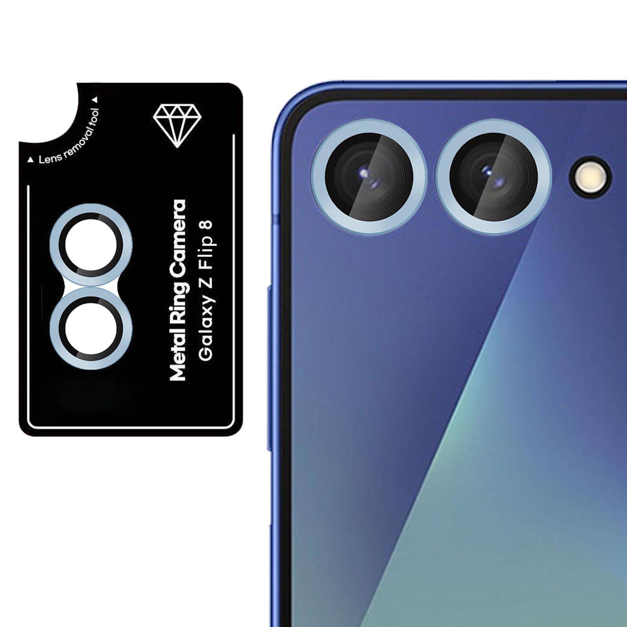 Metallring-Kamerabezüge für Samsung Galaxy Z Flip 8, abgebildet neben einem Telefon mit zwei rückwärtigen Kameras.