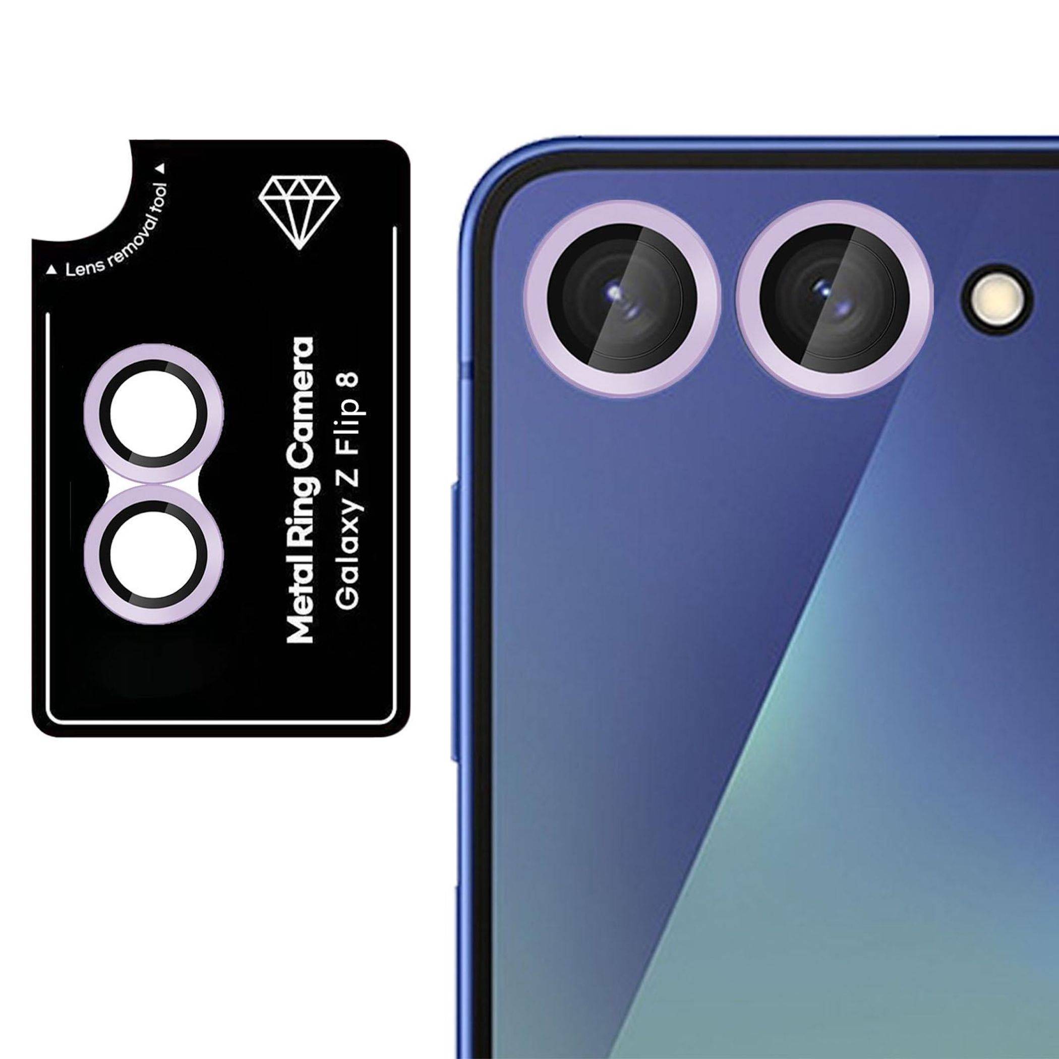Metallischer Ringkameragurt für Galaxy Z Flip 8, gezeigt zusammen mit einem Telefon mit dualen Rückkameras und installierten Ringobjektiven.