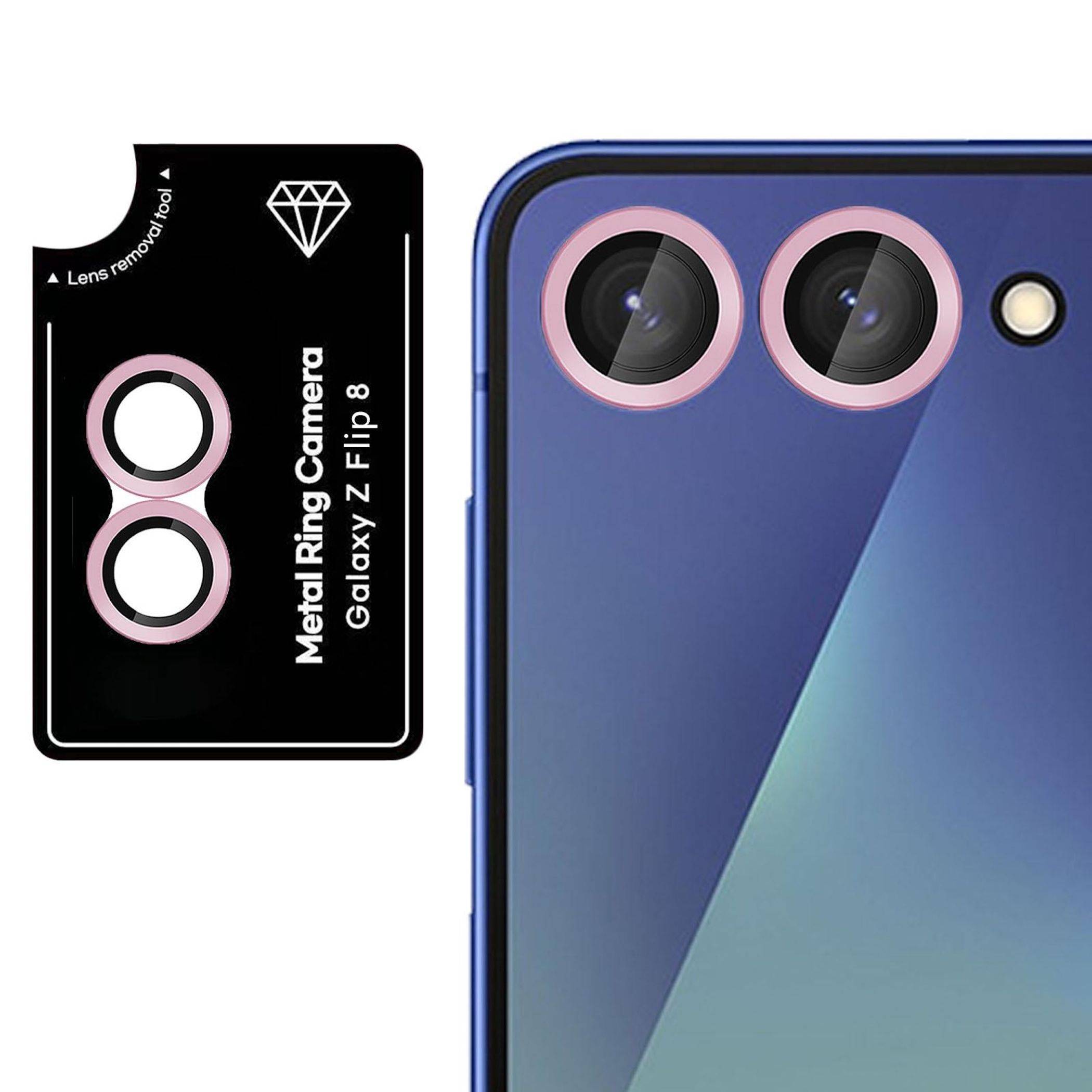 Metallischer Kameraschutzring für Galaxy Z Flip 8, gezeigt mit zwei rosafarbenen Ringabdeckungen neben den beiden Kameraobjektiven des Telefons.