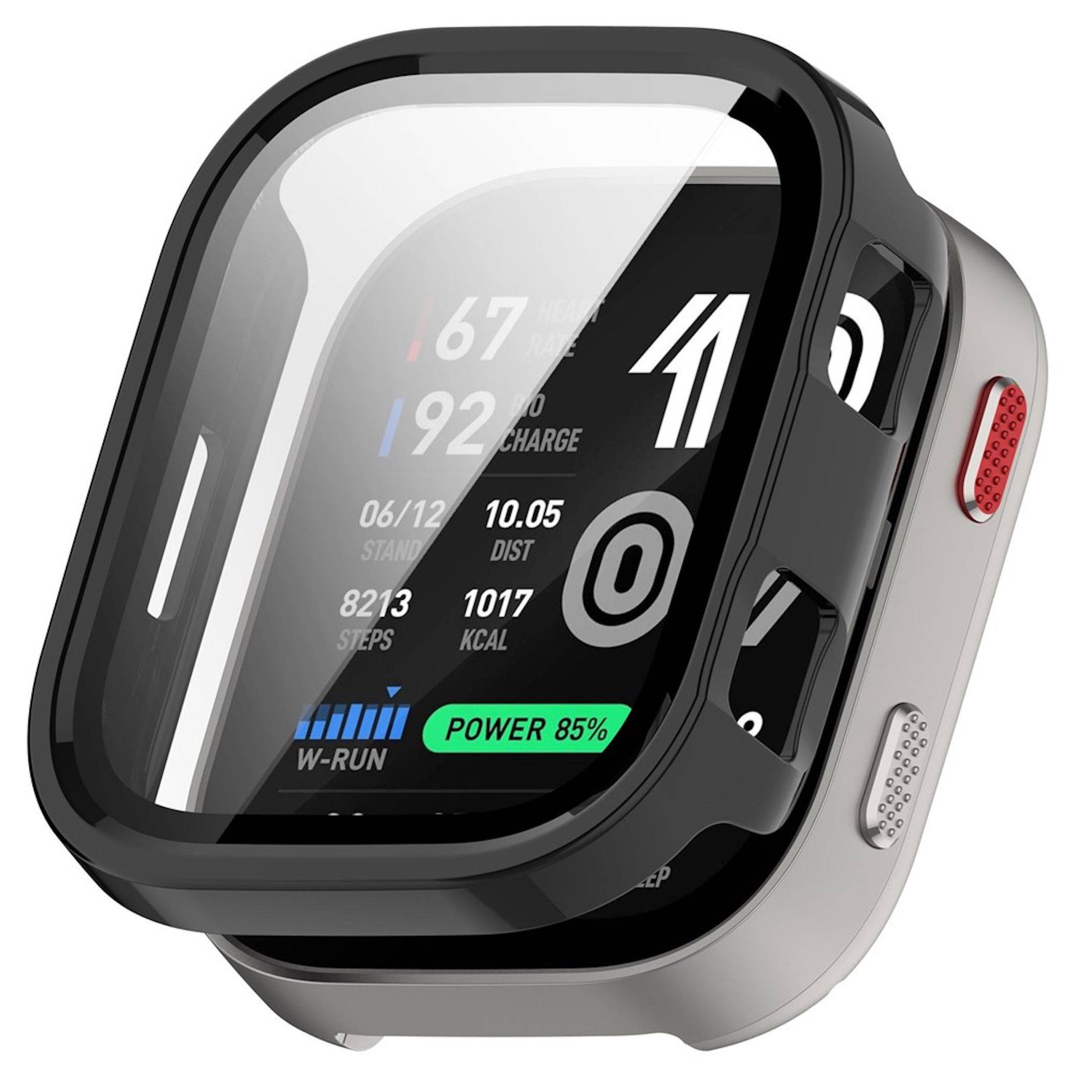Quadratische Smartwatch mit schwarzem Schutzgehäuse, die ein Activity-Dashboard mit Uhrzeit, Schritten, Kalorien, Entfernung und 85% Akkuladestand anzeigt.