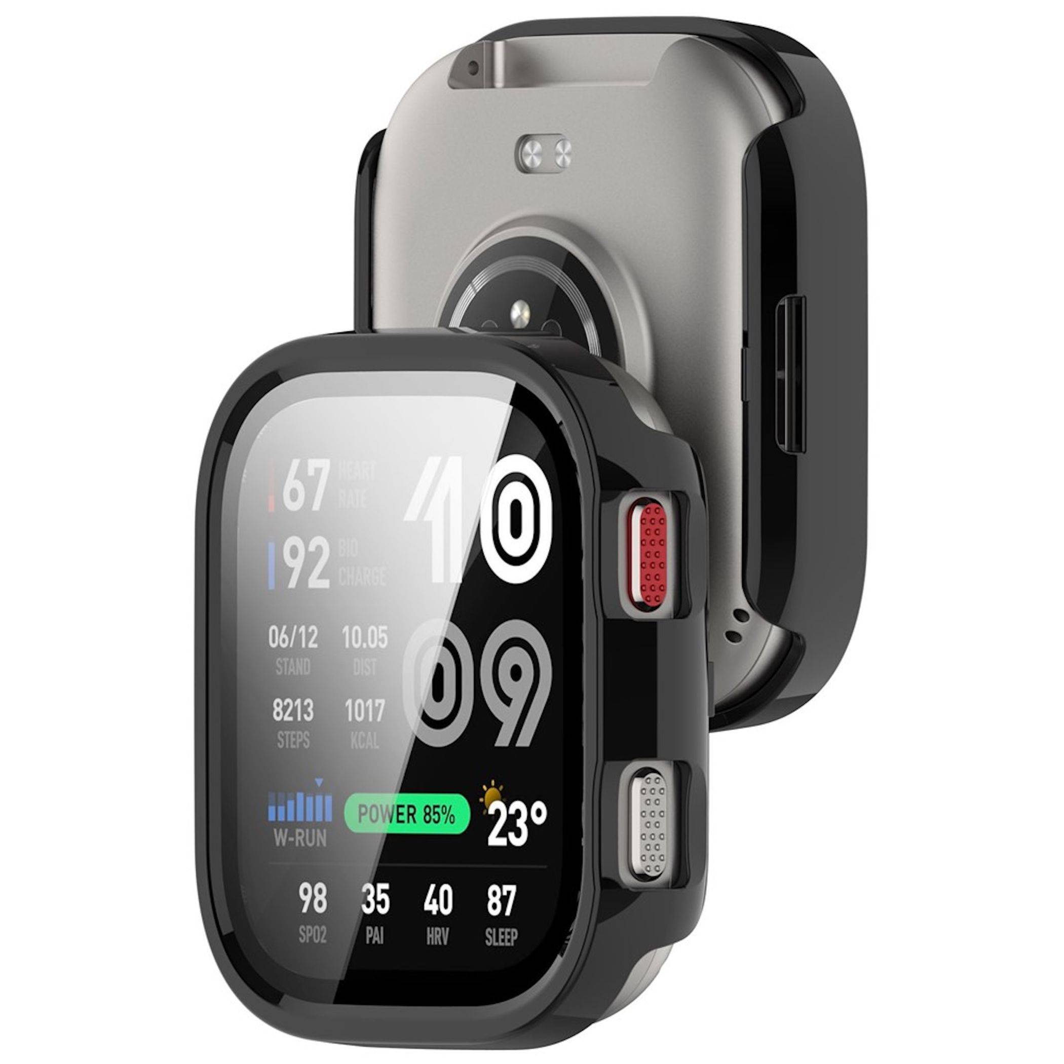 Schwarze Smartwatch mit Fitness-Dashboard anzeigend Herzfrequenz, Schritte, Kalorien, Akkustand und Wetter; Vorder- und Rückansicht werden gezeigt.