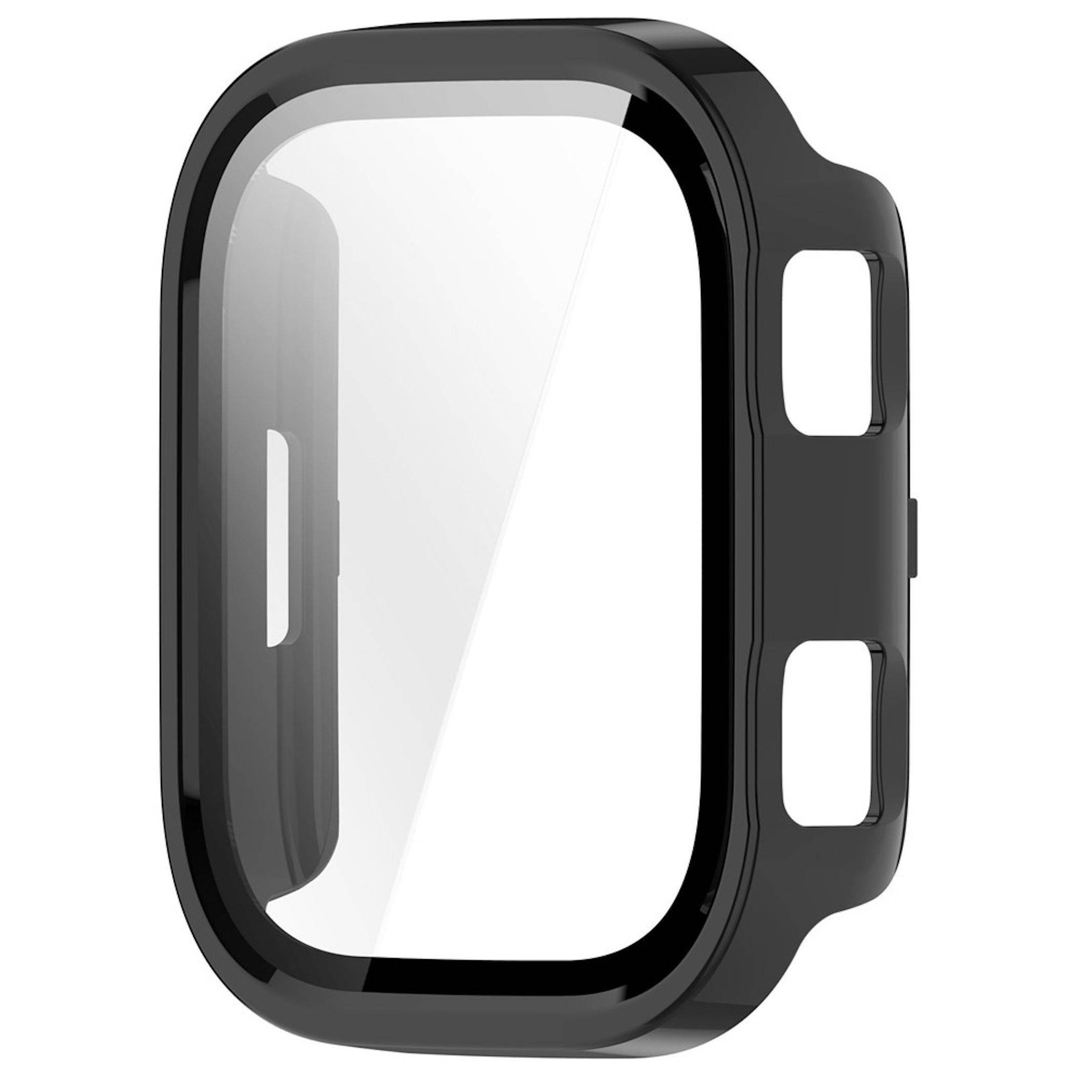 Schwarze Schutzhülle für Smartwatch mit klarer Displayabdeckung und zwei seitlichen Ausschnitten