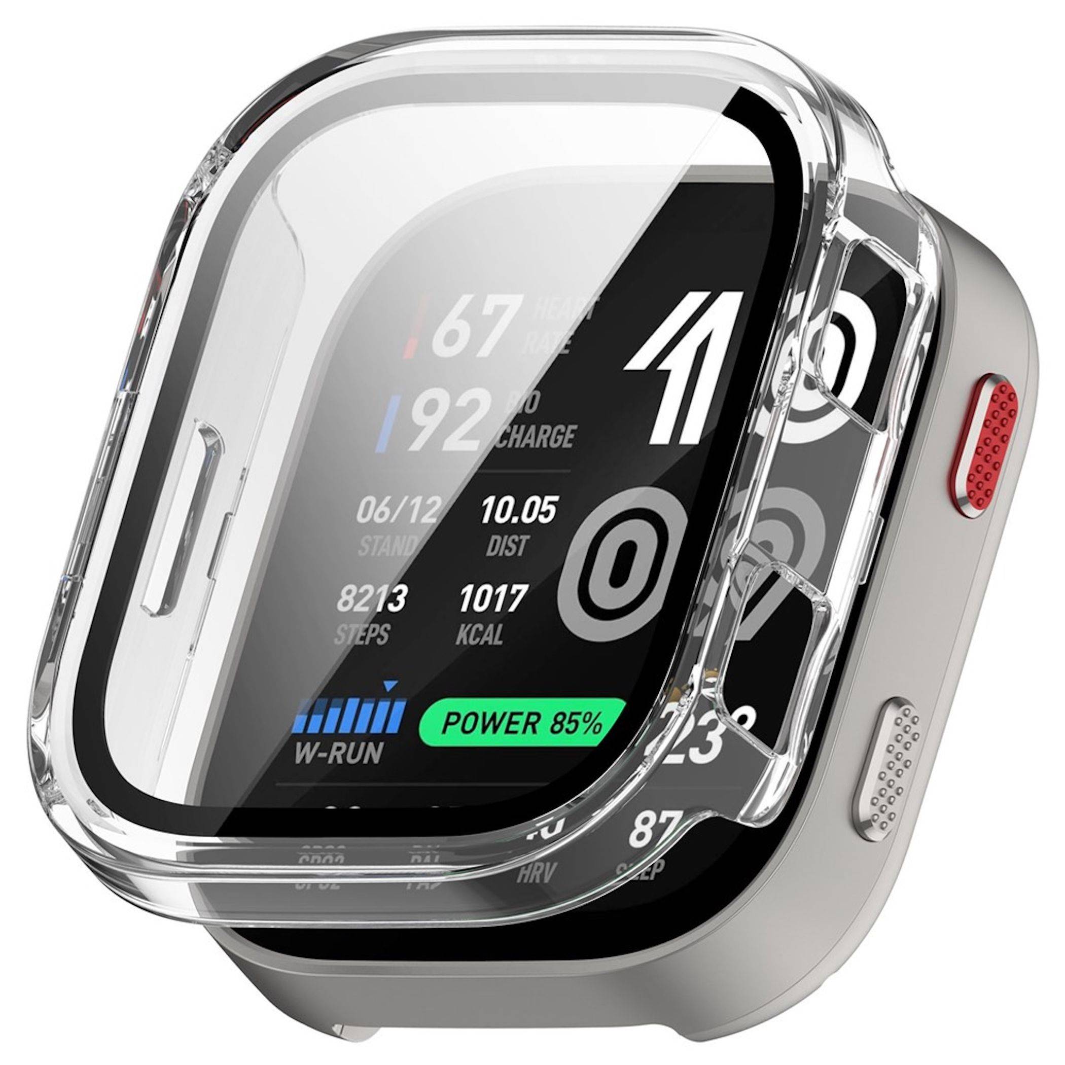 Durchsichtige Schutzhülle auf einer Smartwatch, die das Zifferblatt und die seitlichen Tasten in Rot und Silber zeigt.