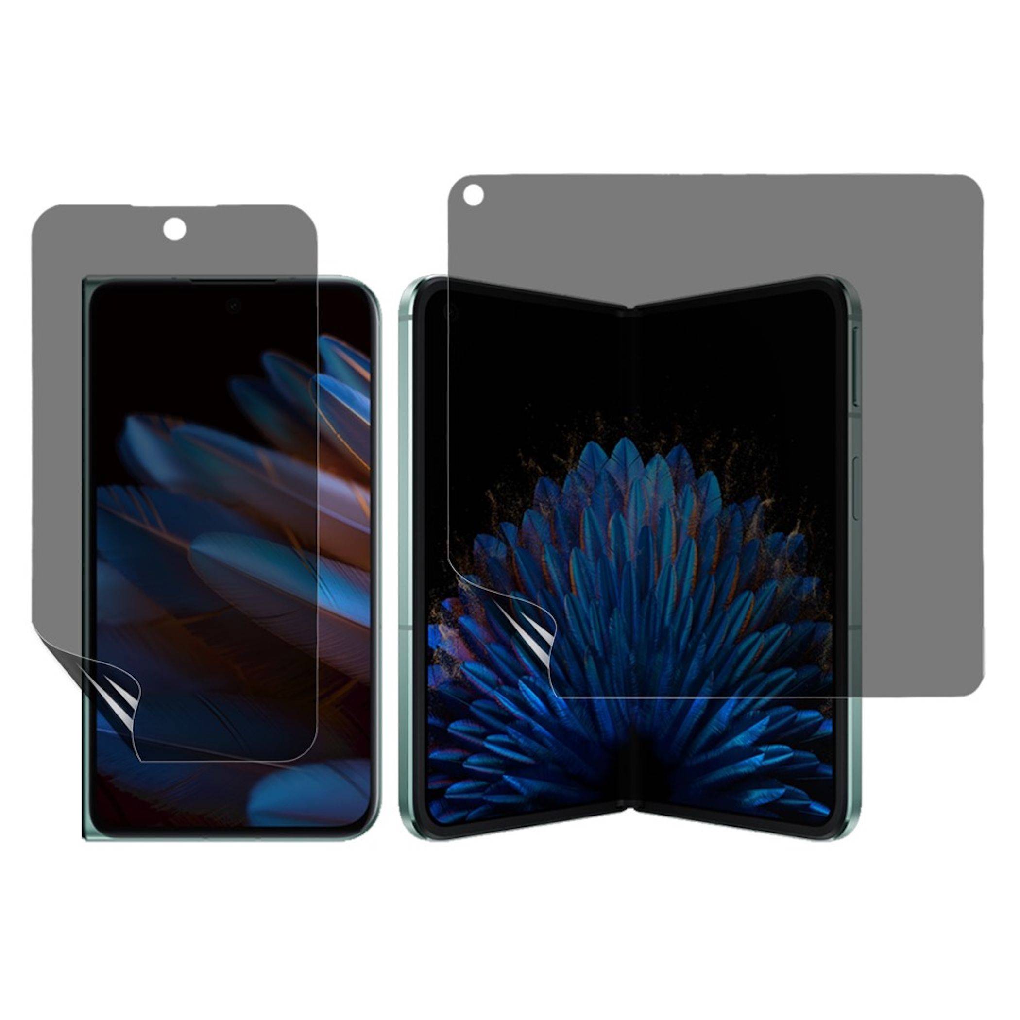 Nebeneinander angeordnete faltbare Smartphone-Mockups, eines geschlossen und eines offen, mit grauen Schutzfolien-Overlays dargestellt.