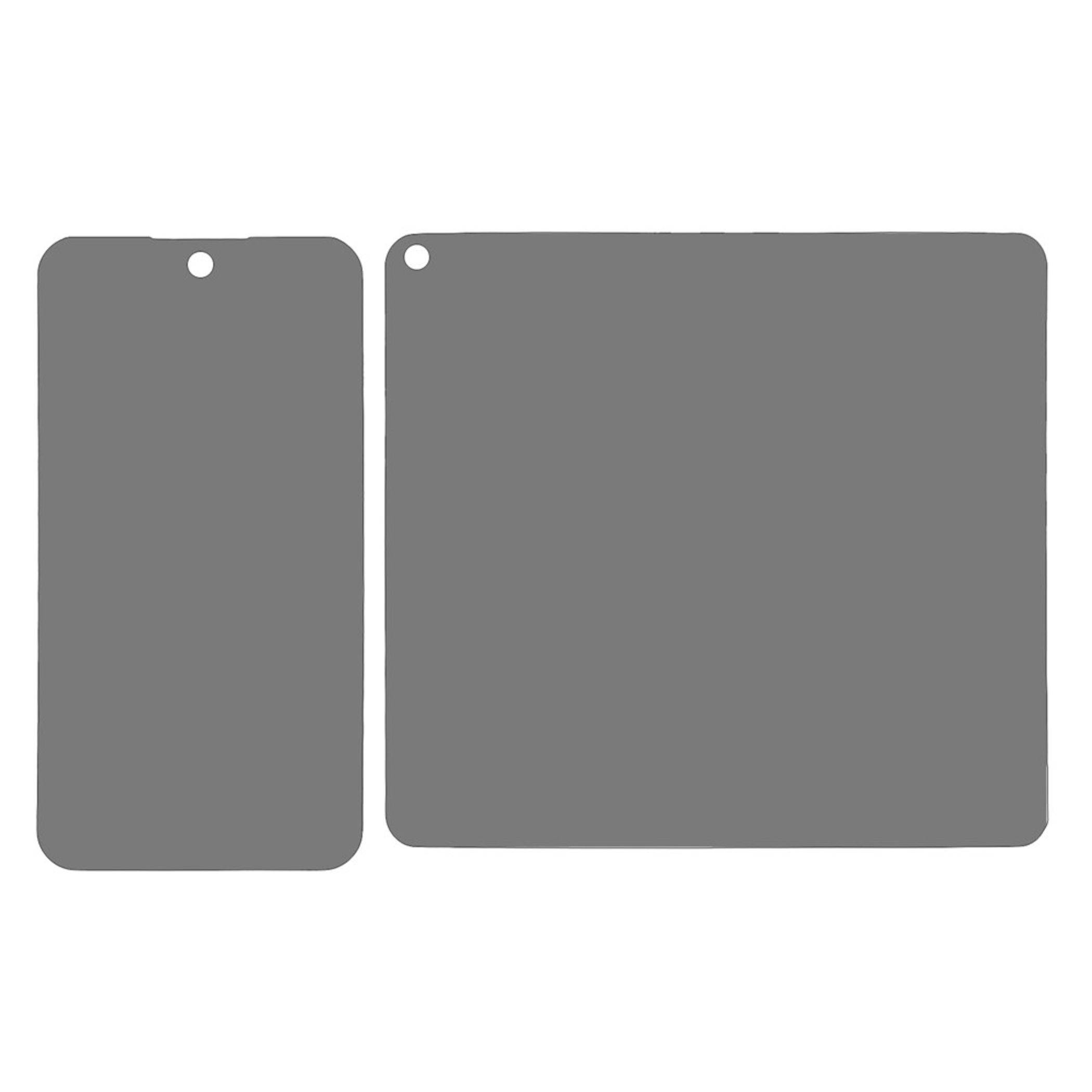 Zwei leere graue Gerätebildschirm-Mockups, ein hohes Smartphone auf der linken Seite und ein größeres Tablet auf der rechten Seite, beide mit abgerundeten Ecken und kleinen Kameralöchern.
