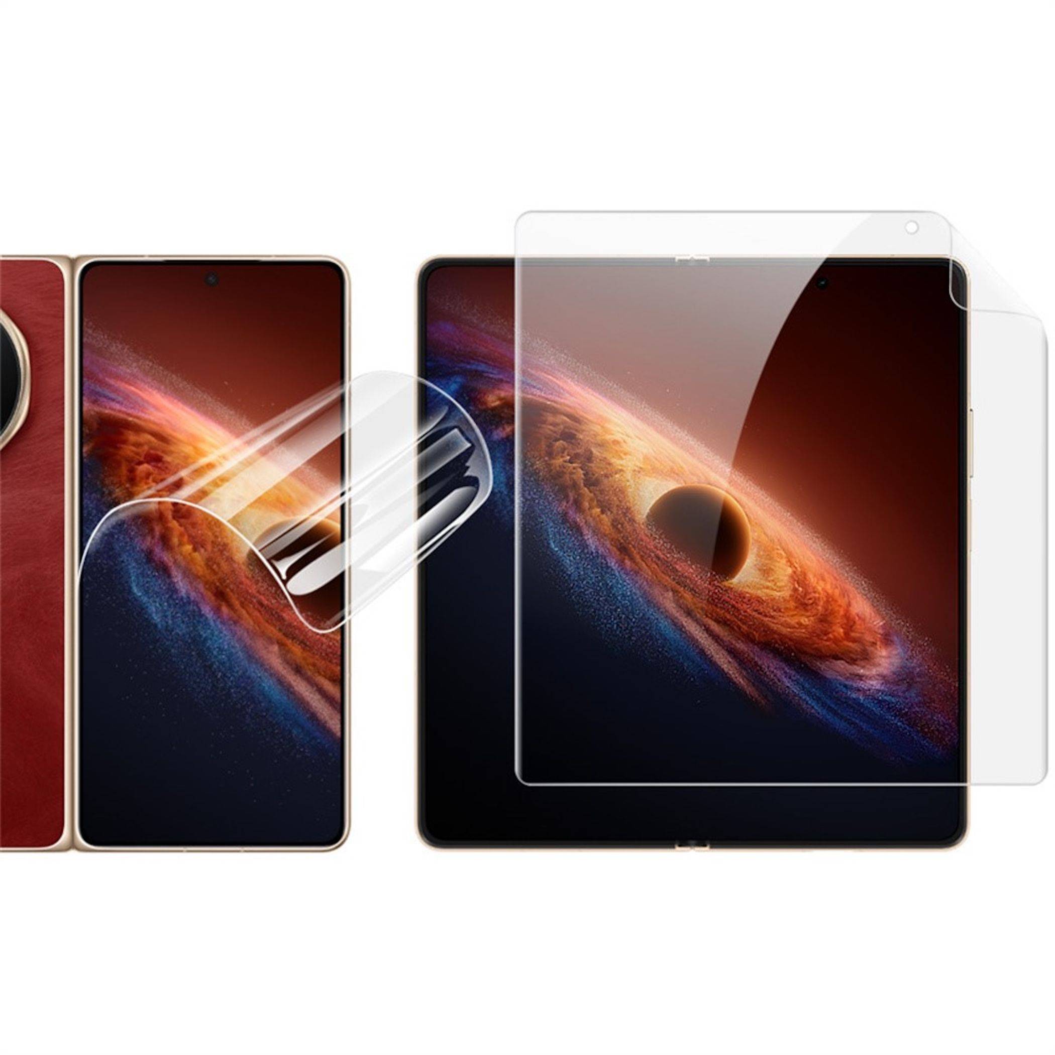 Promotionsbild zeigt ein Telefon und ein Tablet mit einer illustrierten Displayschutzfolie, die auf jedem Gerät angebracht wird.