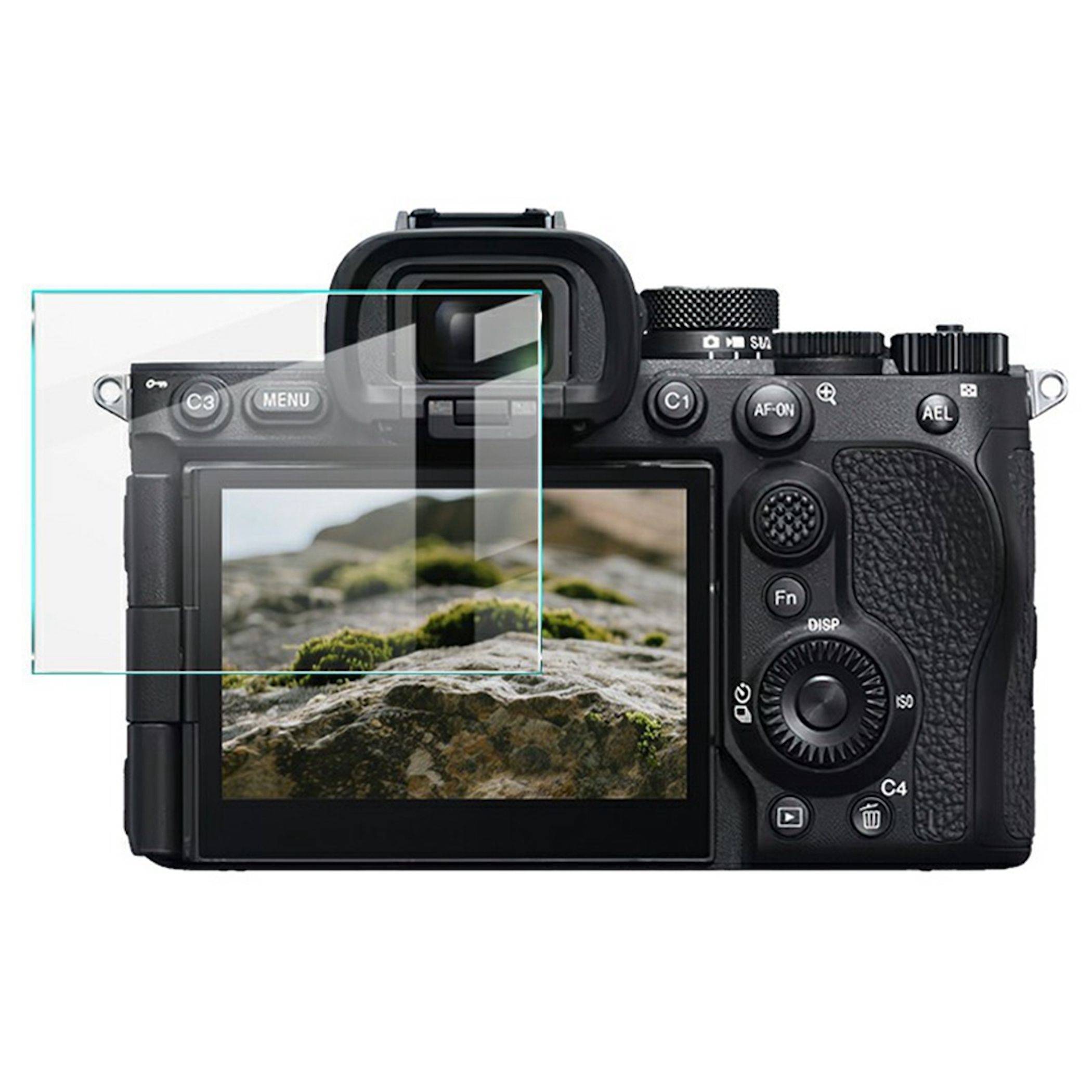 Rückansicht einer digitalen Kamera mit LCD-Display auf der Rückseite, auf dem ein Landschaftsfoto angezeigt wird, Sucher und Steuerungstasten.