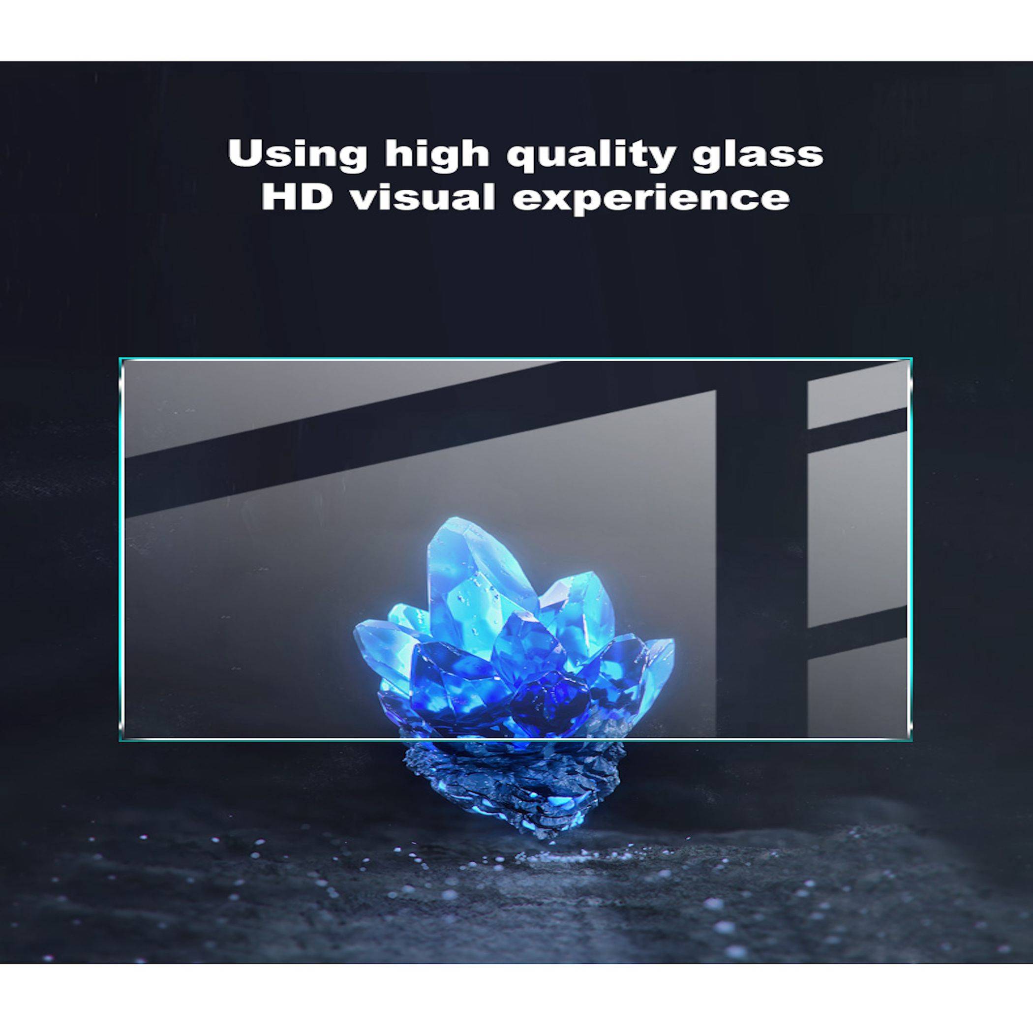 Werbebild eines transparenten Glaspanels mit blauem Kristall, mit dem Text „Hochwertiges Glas für kristallklares HD-Seherlebnis