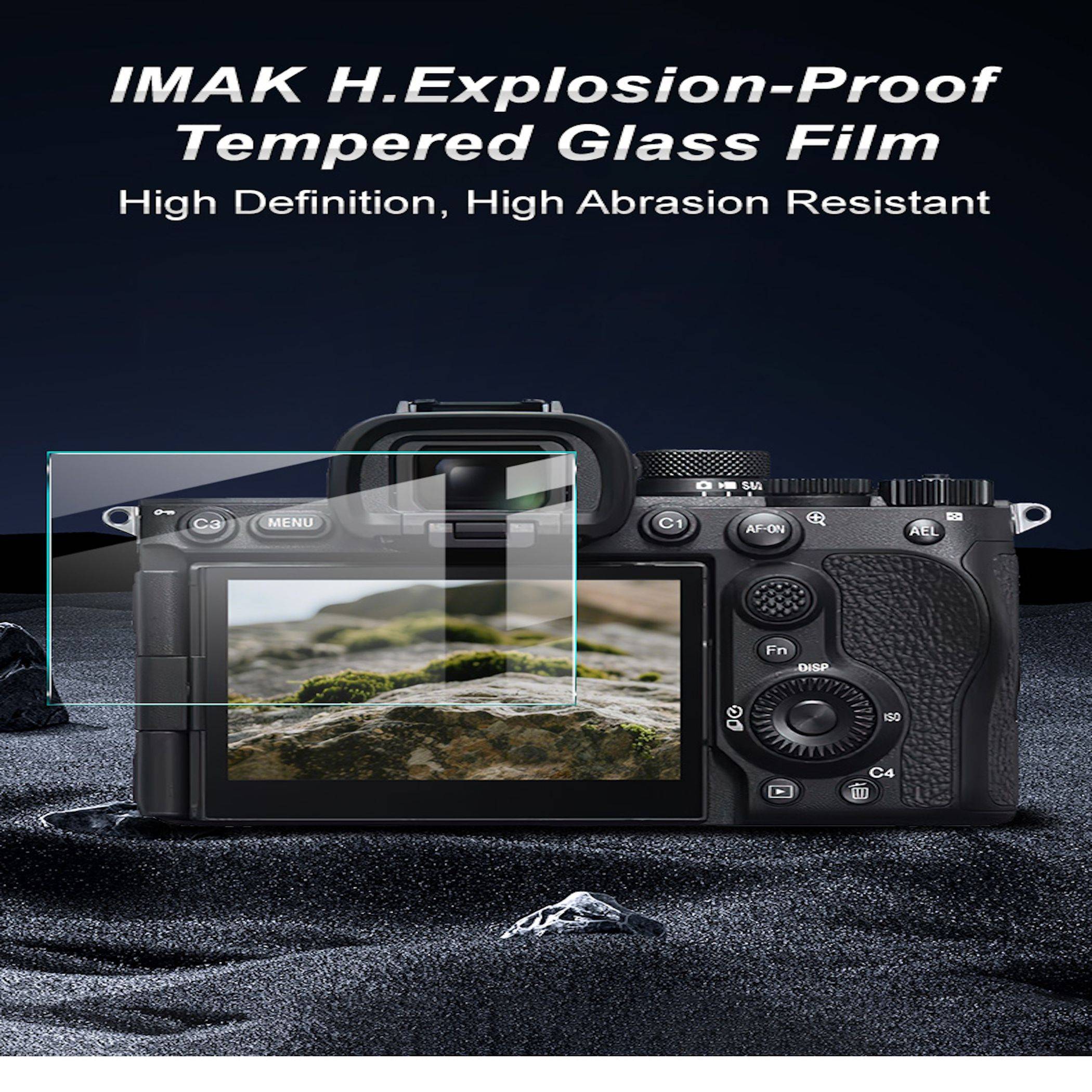 Werbebild einer Kamera mit einem klaren gehärteten Glaschutzfolie über dem hinteren Display, gekennzeichnet mit „IMAK H.Explosion-Proof Tempered Glass Film