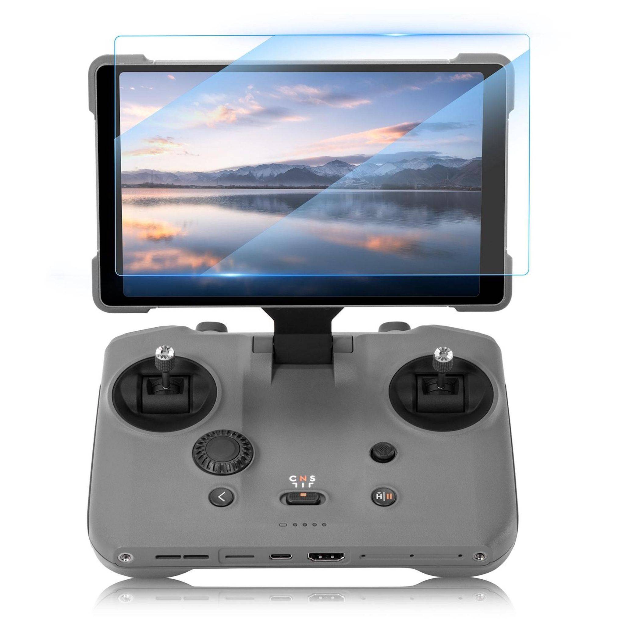 Drohnen-Fernbedienung mit integriertem Tablet-Bildschirm, der ein Landschaftsbild anzeigt, mit zwei Joysticks und Steuertasten.
