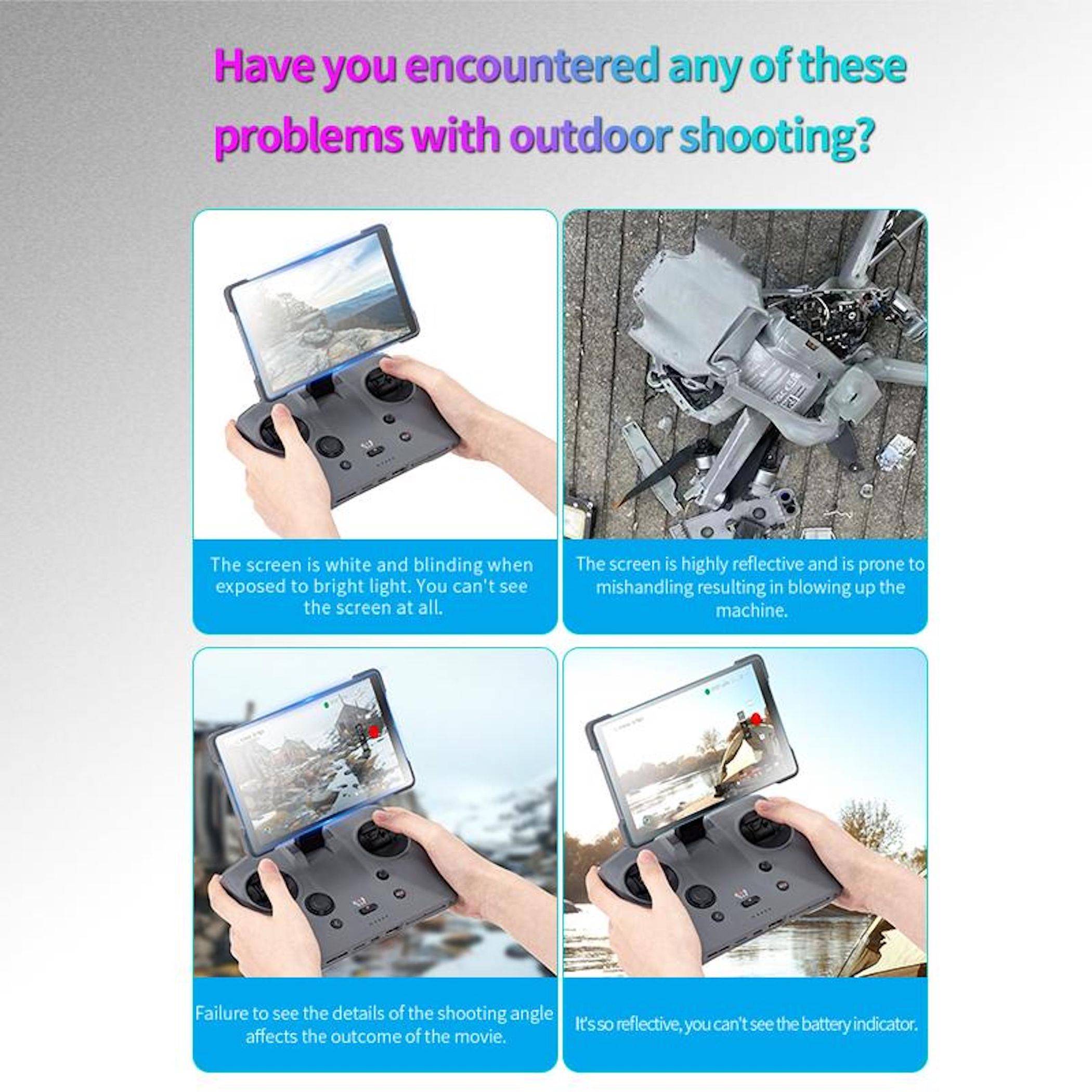 Infografik zeigt vier Probleme bei Outdoor-Drohnencontroller-Bildschirmen: Blendung macht Bildschirm unleserlich, Spiegelungen verdecken Bilder, Details des Aufnahmewinkels sind schwer zu erkennen, und Batterieanzeige ist schwer zu sehen.