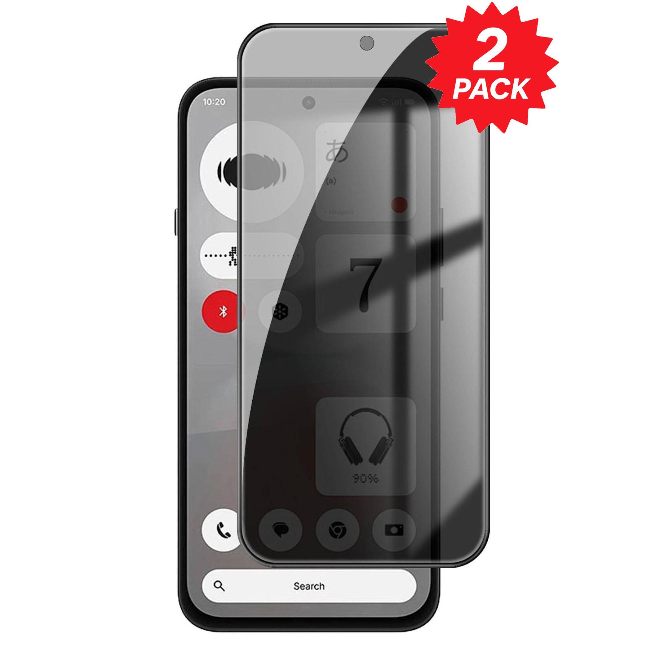 Zweier-Pack dunkle Datenschutz-Displayschutzfolien für ein Smartphone, zeigt ein Telefon mit getöntem Bildschirm und rotem 