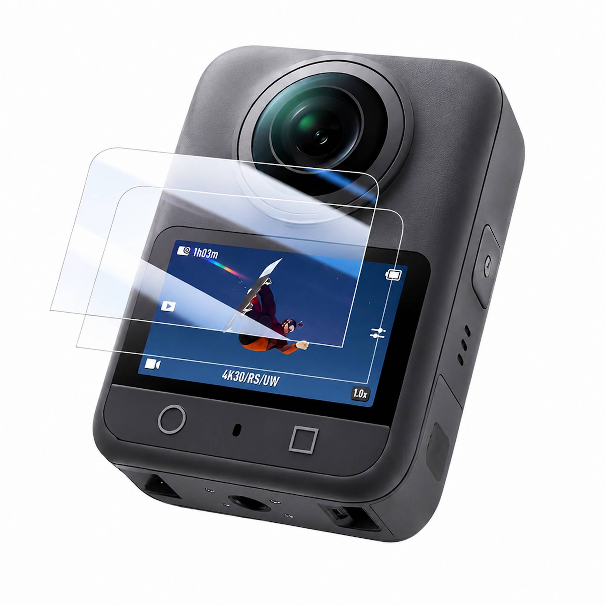 Kompakte Action-Kamera mit frontalem Display, das einen Snowboarder zeigt und auf 4K-Aufnahmen und ein Ultra-Weitwinkelobjektiv hindeutet.