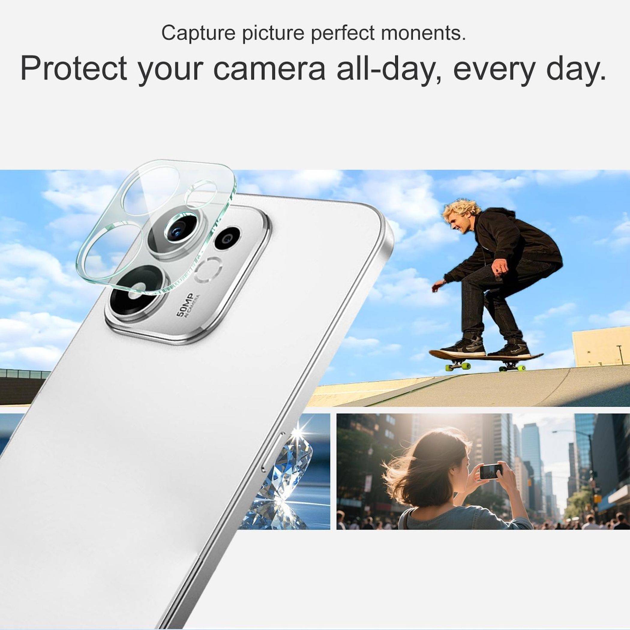 Eine Anzeige zeigt ein weißes Sony-Telefon mit einer schützenden Kameraabdeckung neben dem Text „Erfassen Sie makellosen Momente. Schützen Sie Ihre Kamera den ganzen Tag, jeden Tag.