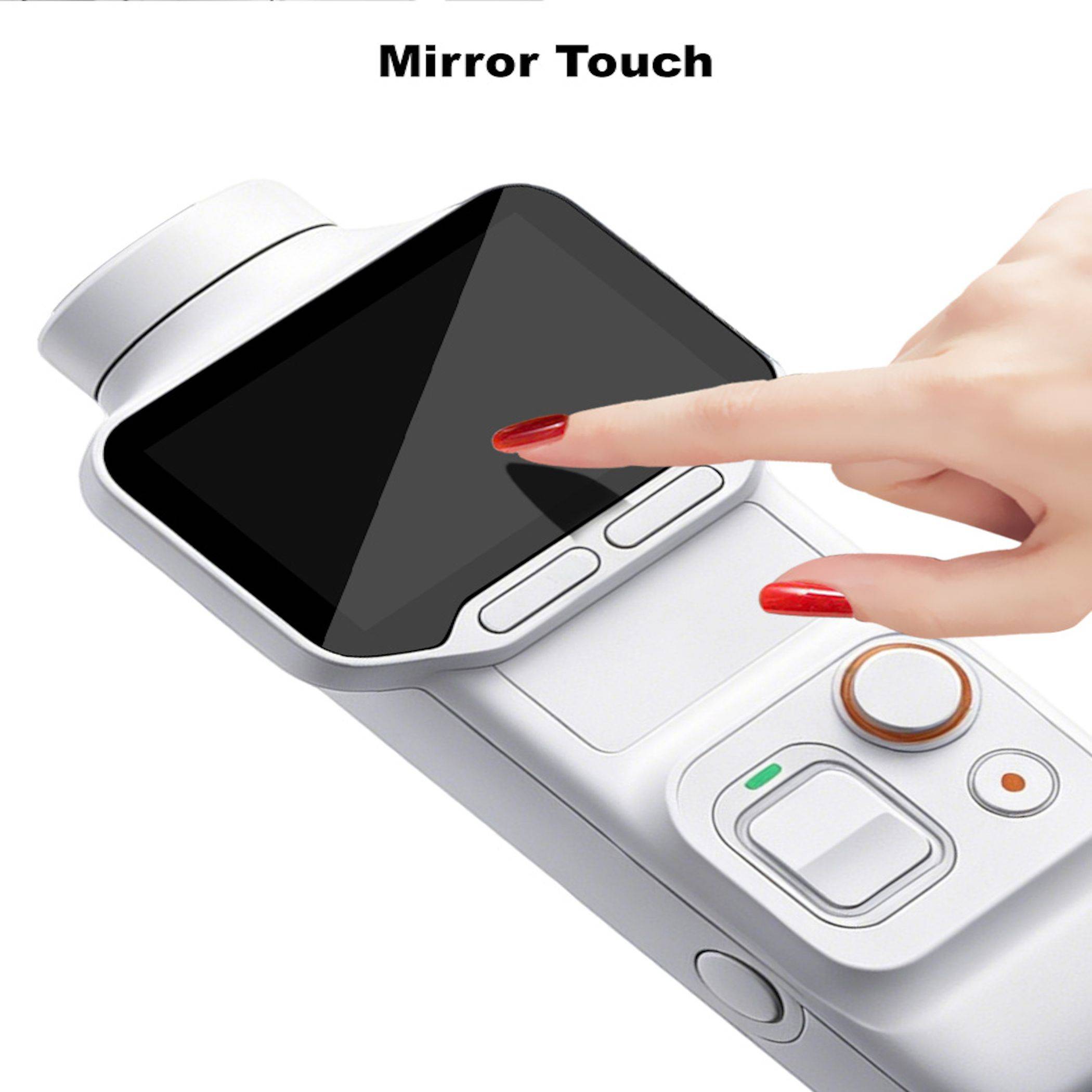 Weißes tragbares Gerät mit der Bezeichnung „Mirror Touch