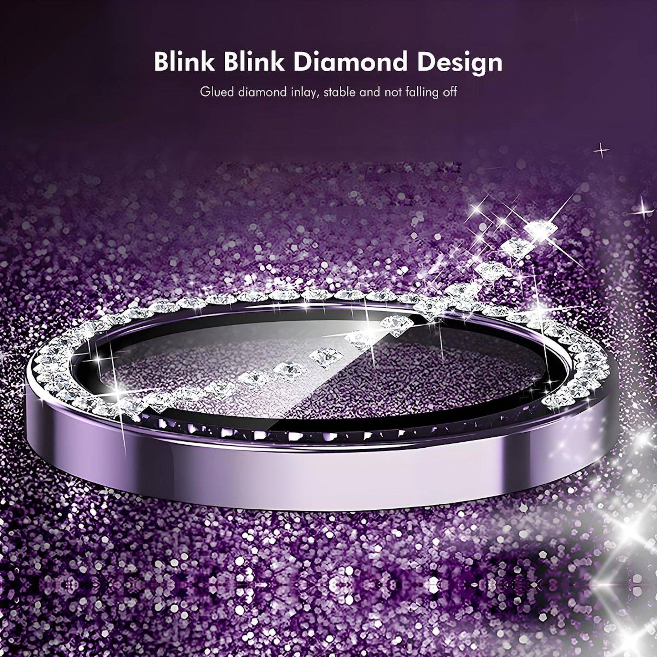 Violettes glitzerndes Produktbild eines diamantbesetzten runden Gehäuses oder Rahmens, mit dem Label 