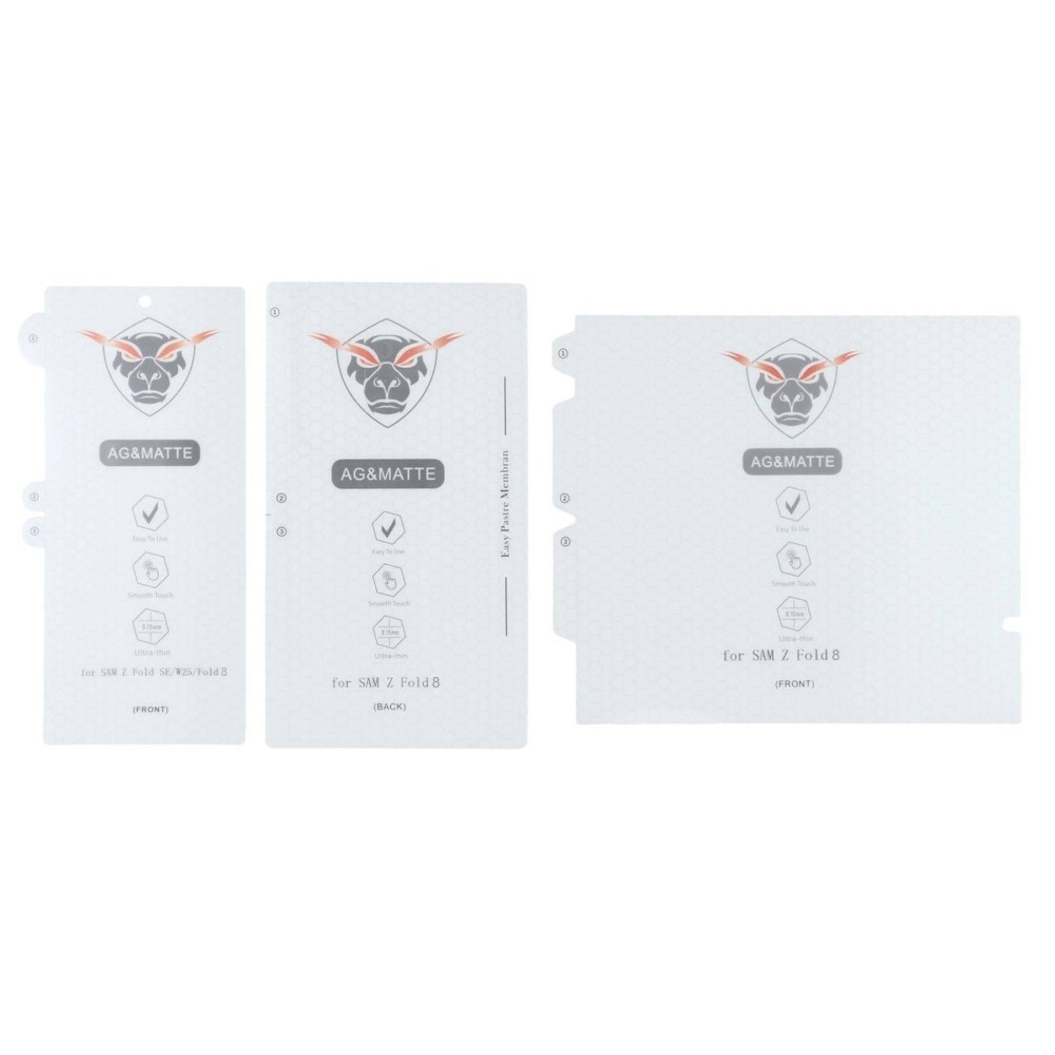 Drei weiße AG&MATTE Ordner-ähnliche Verpackungseinsätze mit Logo und Symbolen, in verschiedenen Größen/Vorder-Rück-Ansichten dargestellt.