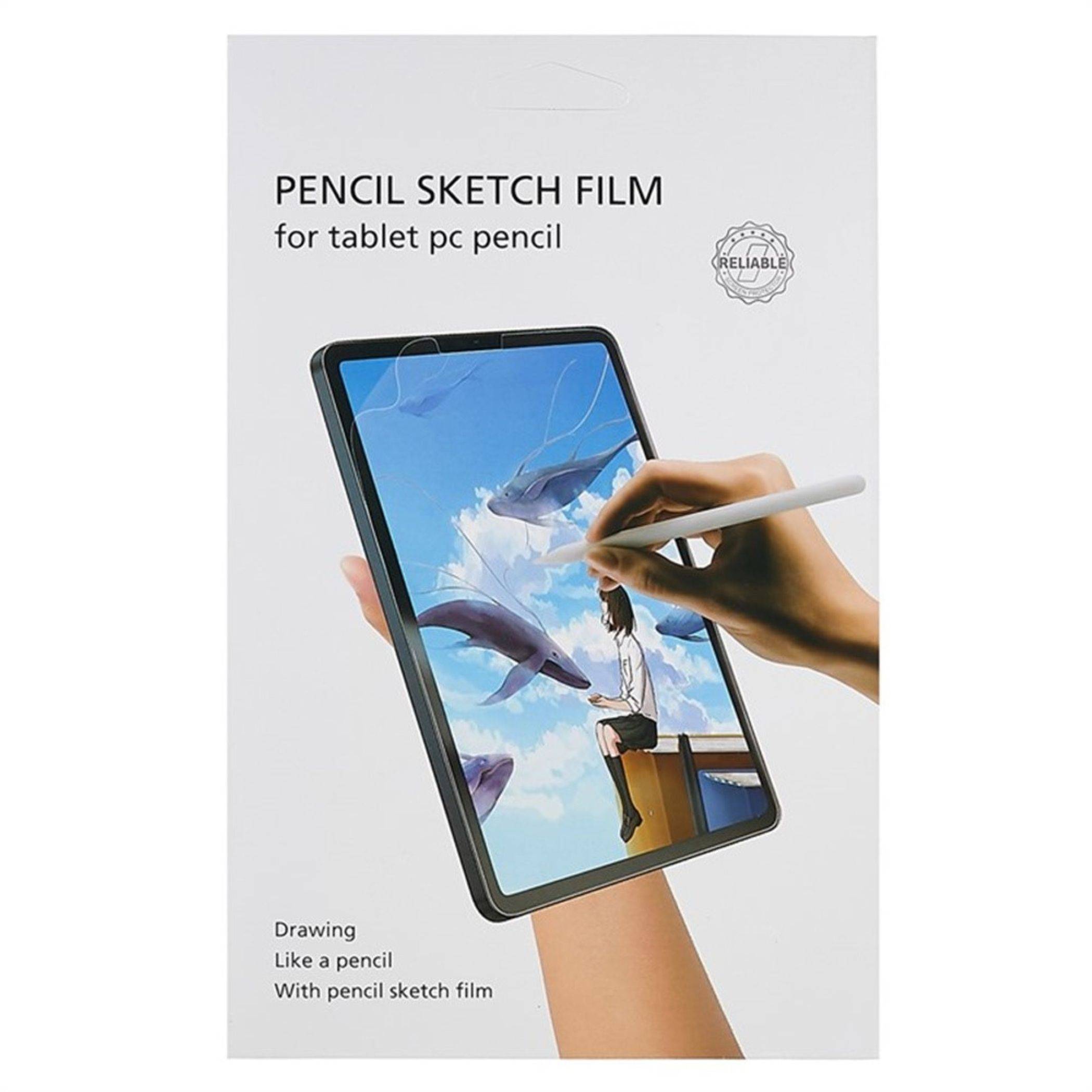 Displayschutzfolie für Tablets mit einer Hand, die einen Stylus auf einem Tablet verwendet; der Text lautet „PENCIL SKETCH FILM für Tablet PC Stift