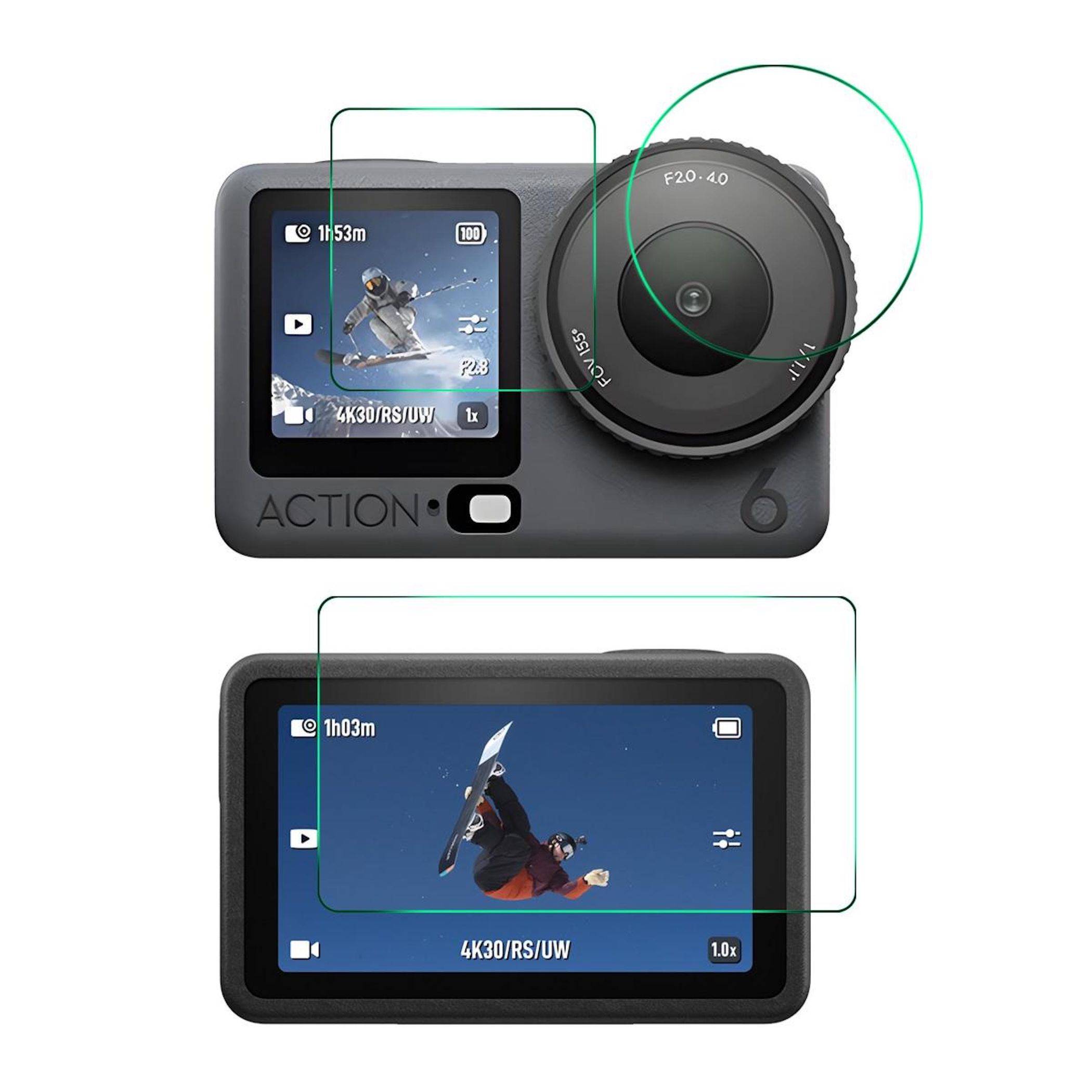 Vergleich einer kompakten Actionkamera mit Vorder- und Rückansicht, mit hervorgehobenen Bildbeschriftungen für die Linsengröße und die Größe des rückseitigen Touchscreens.