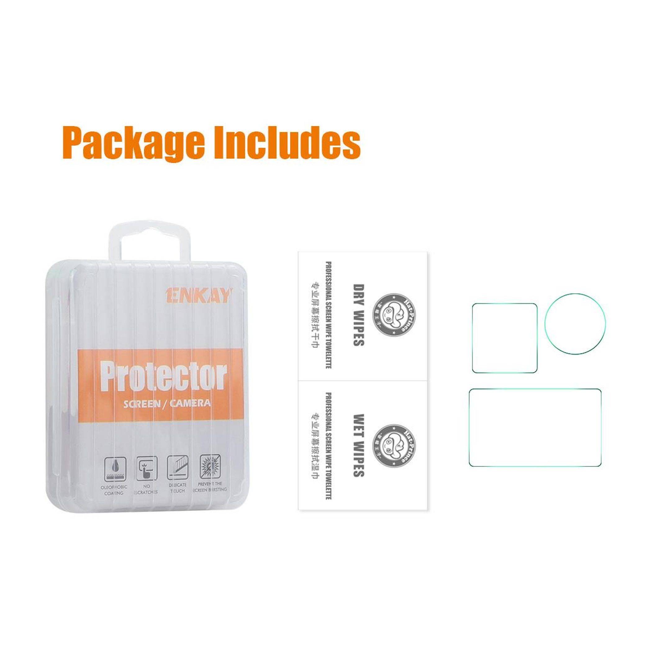 Das Paket enthält eine Kameraschutzhülle, trockene und nasse Tücher sowie einen quadratischen und einen runden Displayschutzfilm.