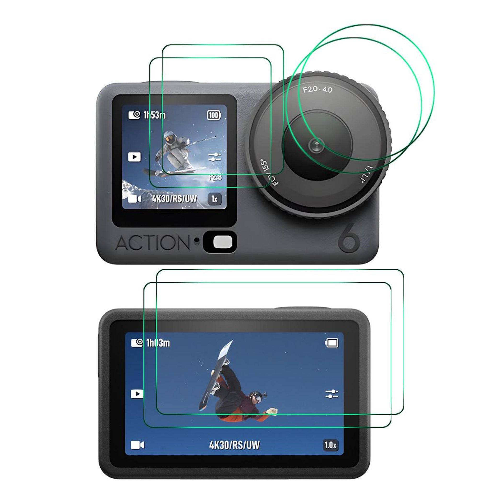 Zwei Ansichten einer schwarzen Action-Kamera, vorne und hinten, zeigen deren Objektiv, Touchscreen und Ski-Aufnahmen auf dem Bildschirm mit Rahmenführungslinien.
