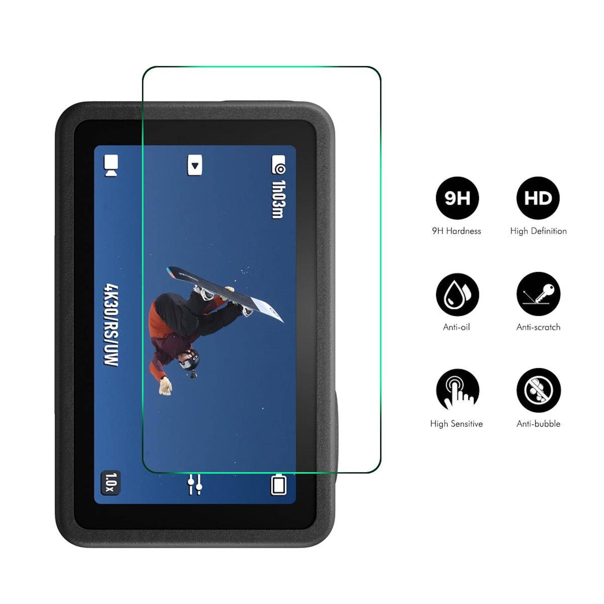 Tabletbildschirmschutzfolie dargestellt mit einem Tablet mit schwarzem Rahmen und einer transparenten Schutzfolienüberlagerung, plus Symbole für 9H-Härte, HD, anti-Öl, kratzfest, hohe Empfindlichkeit und anti-Blasen.