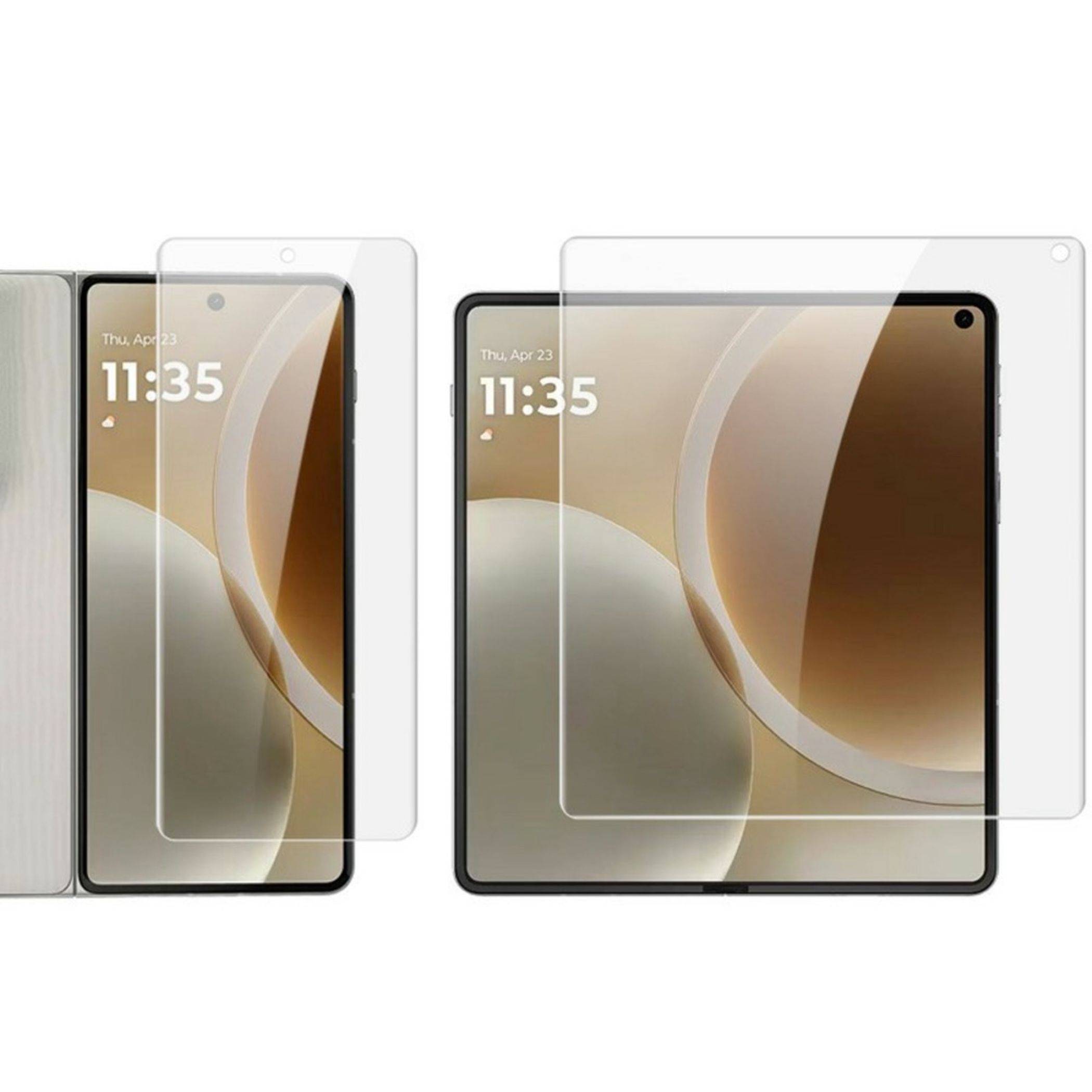 Schutzfolie-Displayschutzfolien auf einem Smartphone und einem Tablet dargestellt, jeweils mit zentralem Ausschnitt und abgerundeten Ecken.