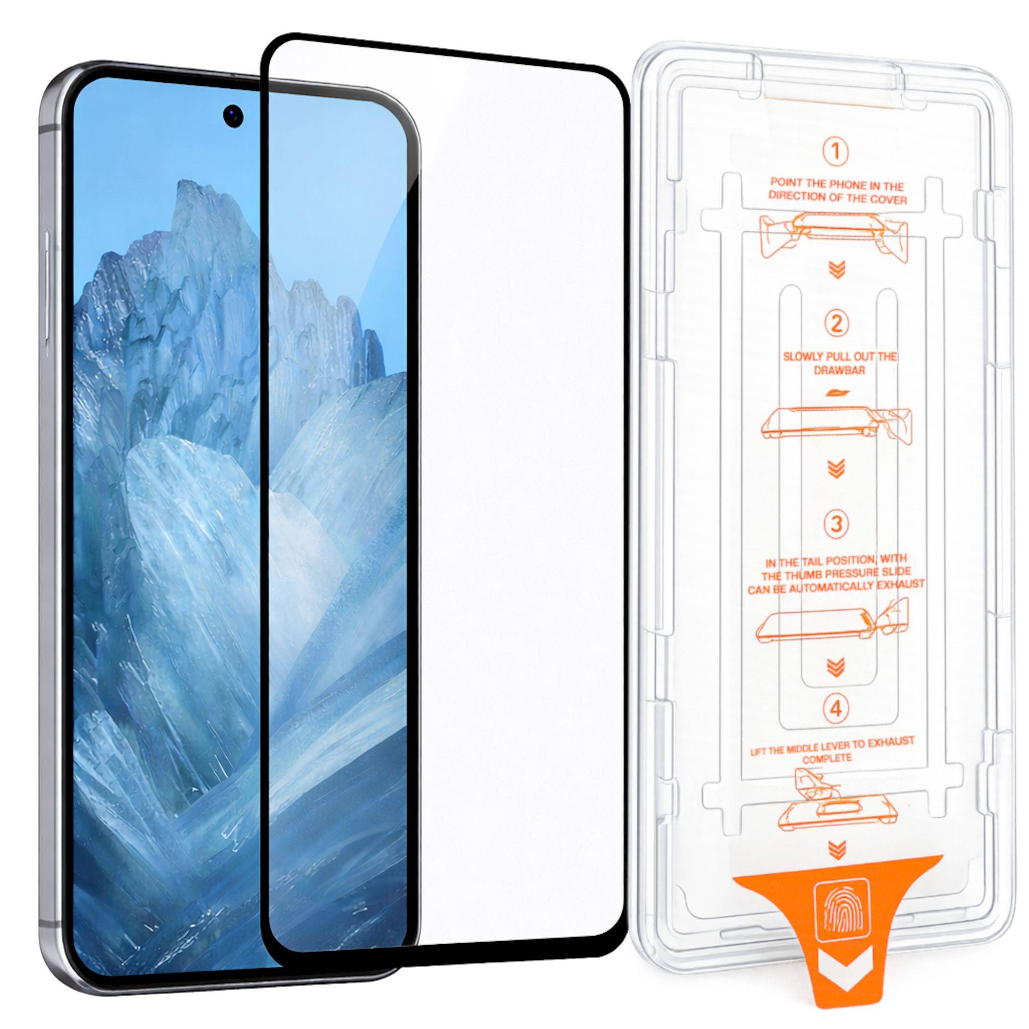 Zwei Displayschutzfolien für ein Telefon: eine auf dem Gerät angebracht, eine mit Installationsanleitung und einer orangefarbenen Lasche.