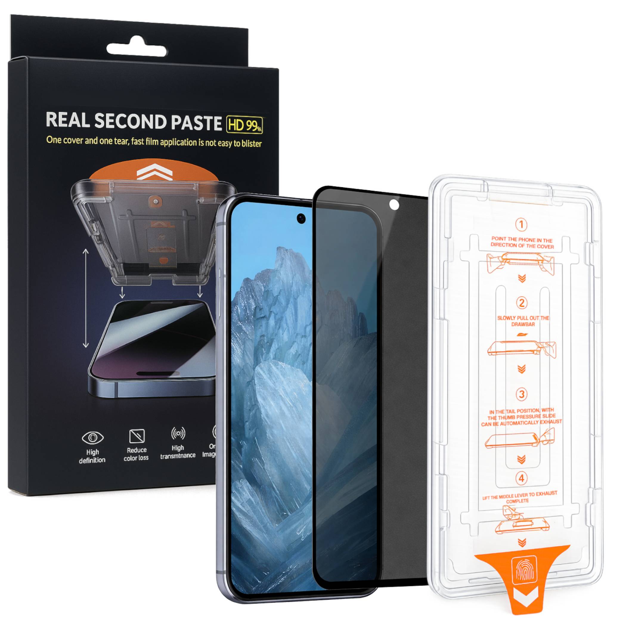 Verpackung und Displayschutzfolie-Set für ein Telefon, mit Darstellung der Schutzfolie, Installationsschale und einem Telefon mit aufgebrachter Folie.